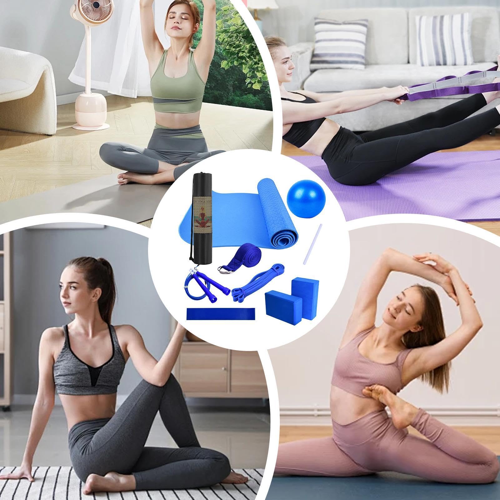 Zestaw do jogi, antypoślizgowa mata do ćwiczeń, taśma oporowa i taśma rozciągliwa, kompletny zestaw do ćwiczeń z klockami do jogi, do domu, siłowni, pilates, elastyczny trening, 1 zestaw