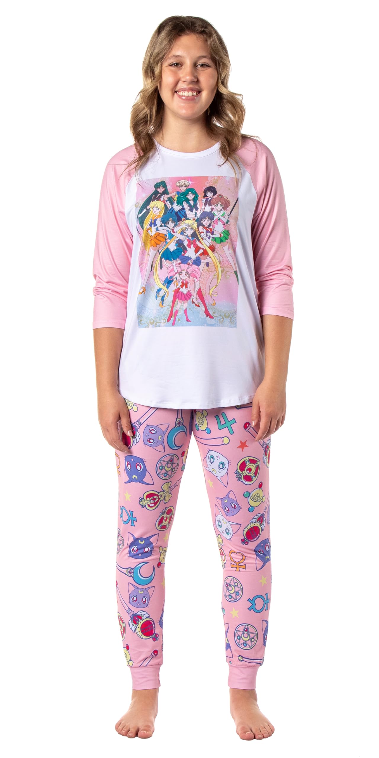 Bioworld Sailor Moon Pajamas Women's Character Poster Raglan Shirt And Jogger Pants Pajama Set