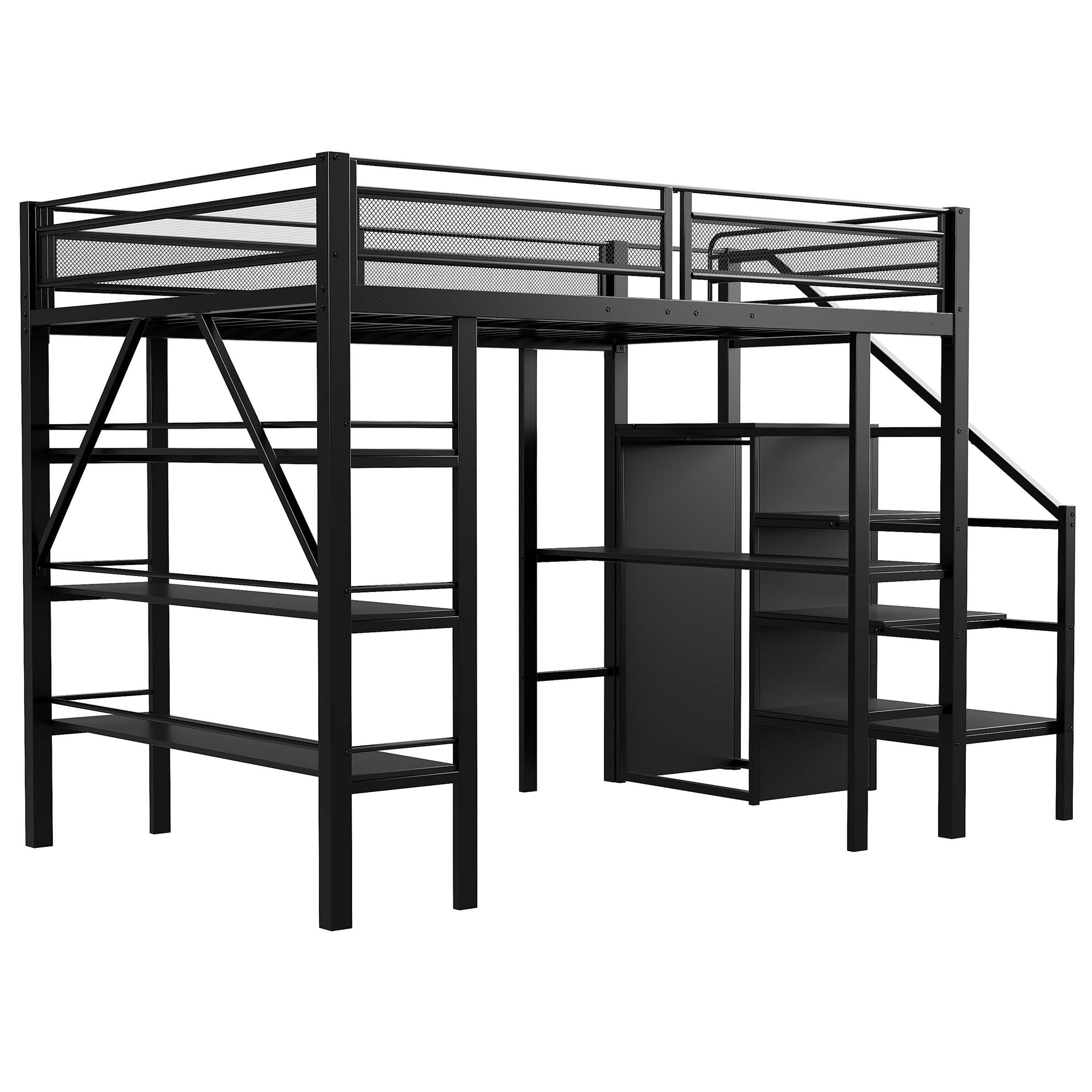 Dolamaní Letto a soppalco in metallo, 140 x 200 cm, per adulti e ragazzi, con mensola, scrivania, vestiti, scale, con vano portaoggetti, design a rete alta, per letto matrimoniale, colore: nero