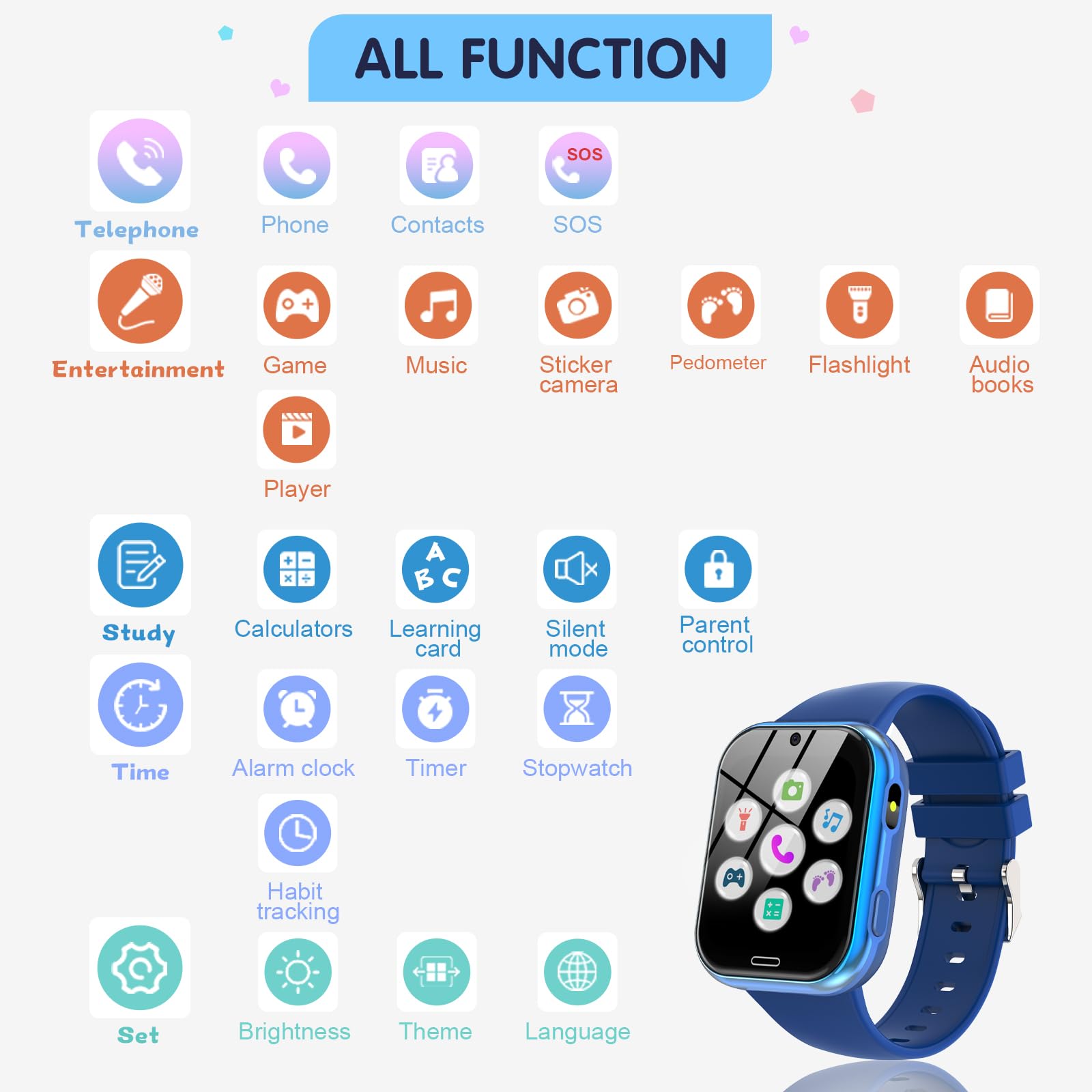Igreeman Reloj inteligente para niños y niñas con función de llamada, cámara SOS, podómetro, linterna, despertador, reloj inteligente, regalo para 4-10 años, color azul