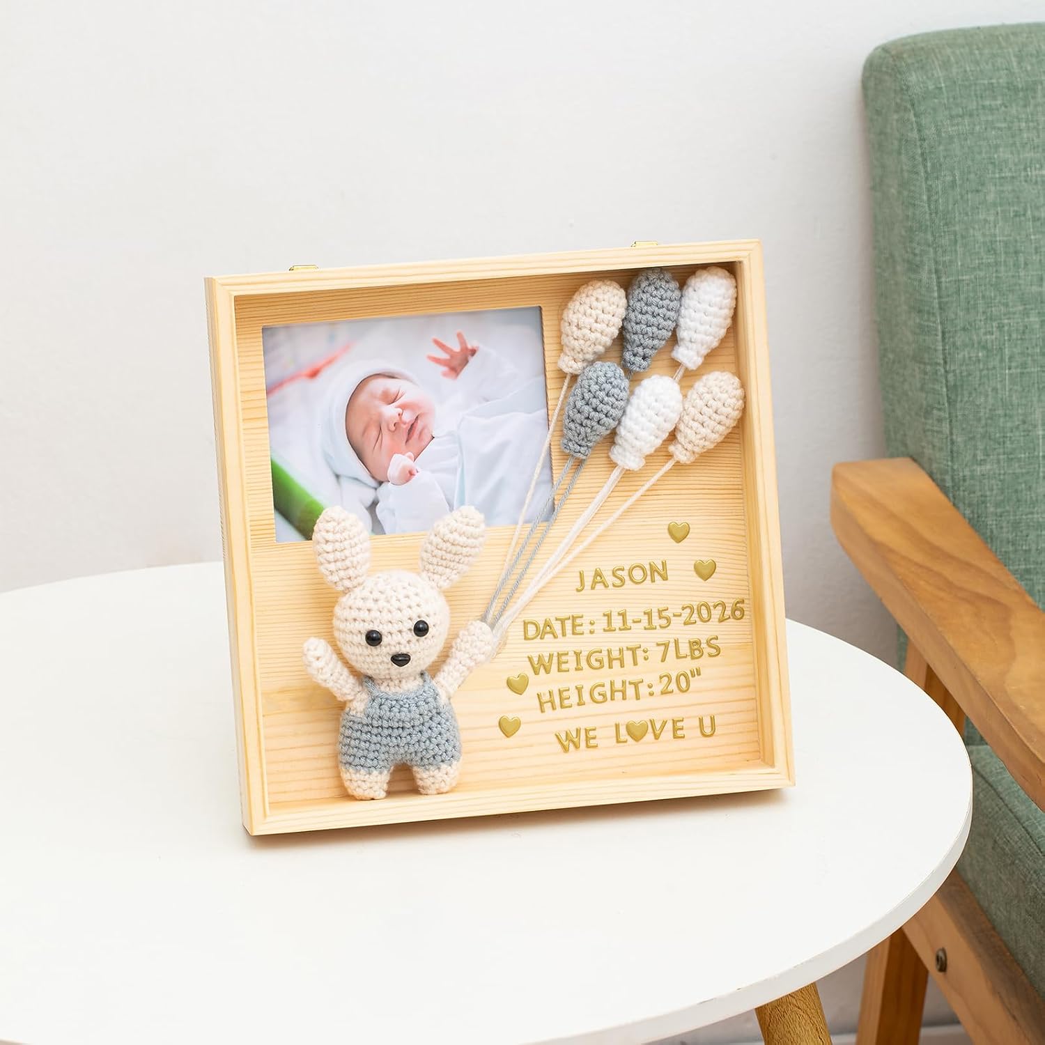 Personalized Baby Keepsake Frame with Crochet Rabbit & Balloons, DIY Wooden Frame for 4x5 Photo, Shower Gift for Expecting & New Moms, Baby Birth Announcement Nursery Decor