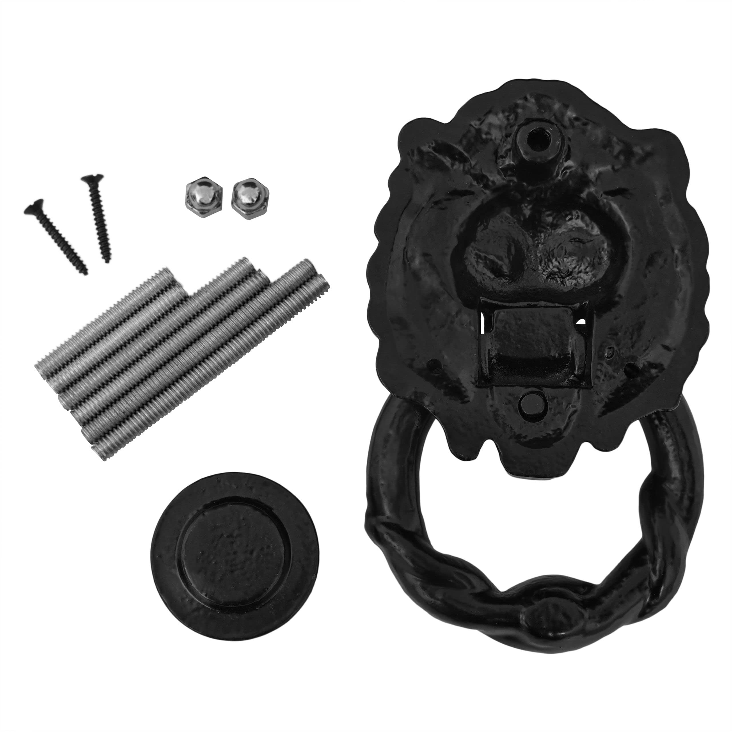 Mythrojan Heurtoir de porte tête de lion en fonte avec vis, style victorien, fabriqué à la main, médiéval, antique, noir, anneau pour porte d'entrée