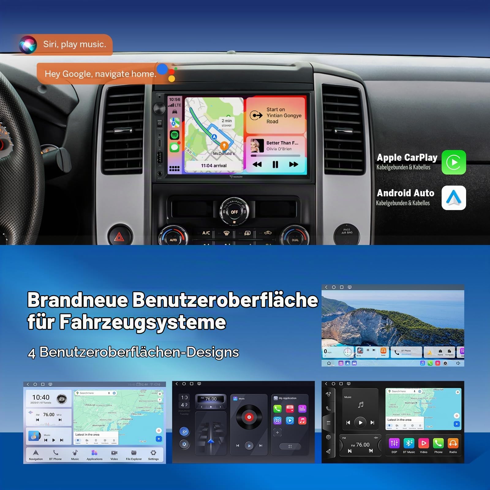 Eonon 7 Zoll Android 13 Doppel-Din-Autoradio 6+64 GB 4G LTE GPS CarPlay Android Auto Screen Mirroring Split Screen Schnellladung Bluetooth WiFi Lautstärkeregler Headunit mit Rückfahrkamera UX6S