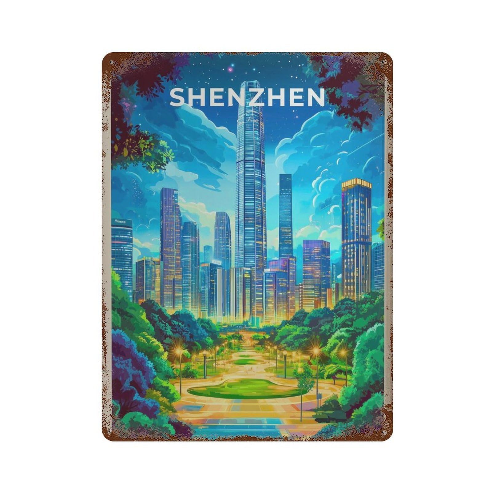 xiaoxiaoshen Shenzhen China Travel Cityscape Wall Decor Art Metal Tin Poster Modern Home Decor Art Home Bar Shop Decorations Vintage Sign 40x30cm