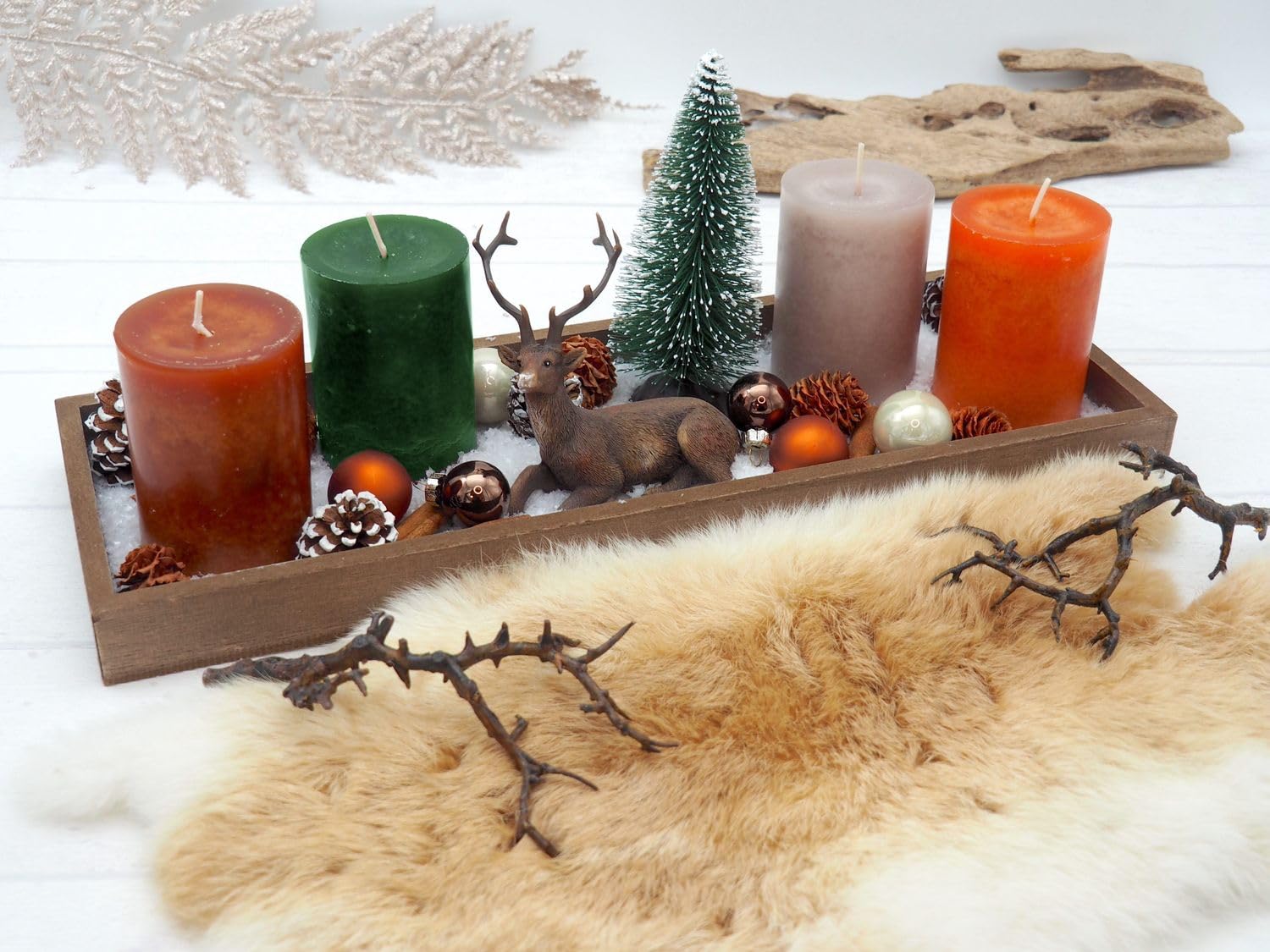 ZauberDeko Tablett Braun Adventsgesteck Hirsch Orange Kerzen Tannenbaum Weihnachten Deko 40cm