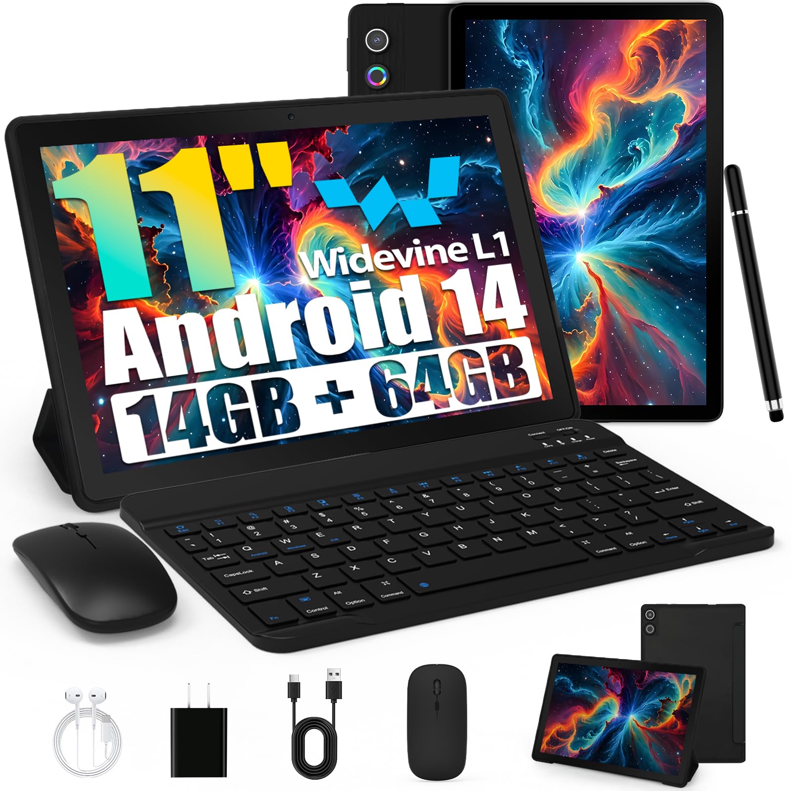Tablet, Android Tablet 11 Zoll mit 14GB RAM + 64GB ROM (1TB TF), Octa-Core, Widevine L1, WiFi 6 & BT 5.3, 6800mAh Akku, Dual Kamera – Tablet mit Tastatur, Maus, Stift & Hülle