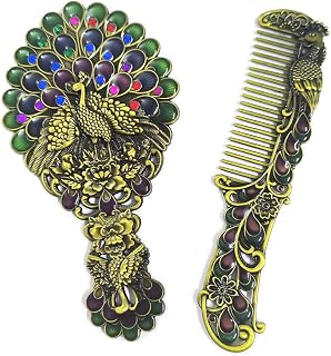 RORSYA Vintage Peacock Design Hand Mirror and Comb Set,Antique Gold Finish Decorative Vanity Grooming Set Royal Style Groo... Price In India