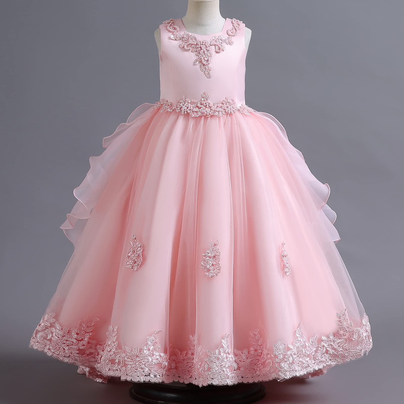Odizli Blumenmädchenkleider Kinder Mädchen Abendkleid Ärmellose Perle Bowknot Prinzessin Tüllkleid Festliche Hochzeit Brautjungfern Erstkommunion Geburtstag Party Lang Prom Ballkleid