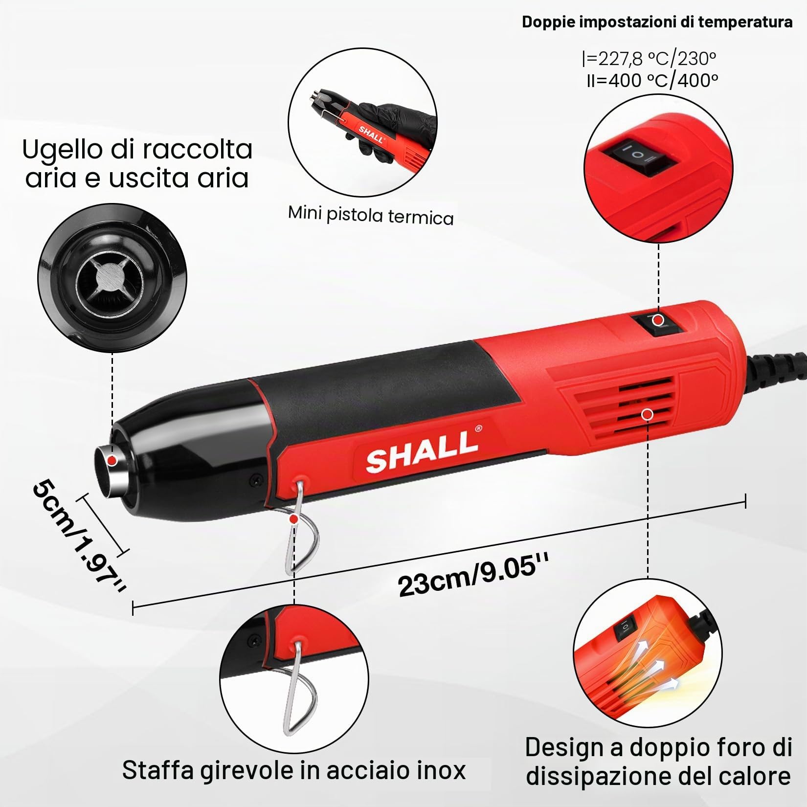 SHALL Mini set di pistole termiche, pistola termica portatile, supporto pieghevole, 2 impostazioni di temperatura 230°C/400°C, adatto per lavori artigianali, pellicola termoretraibile
