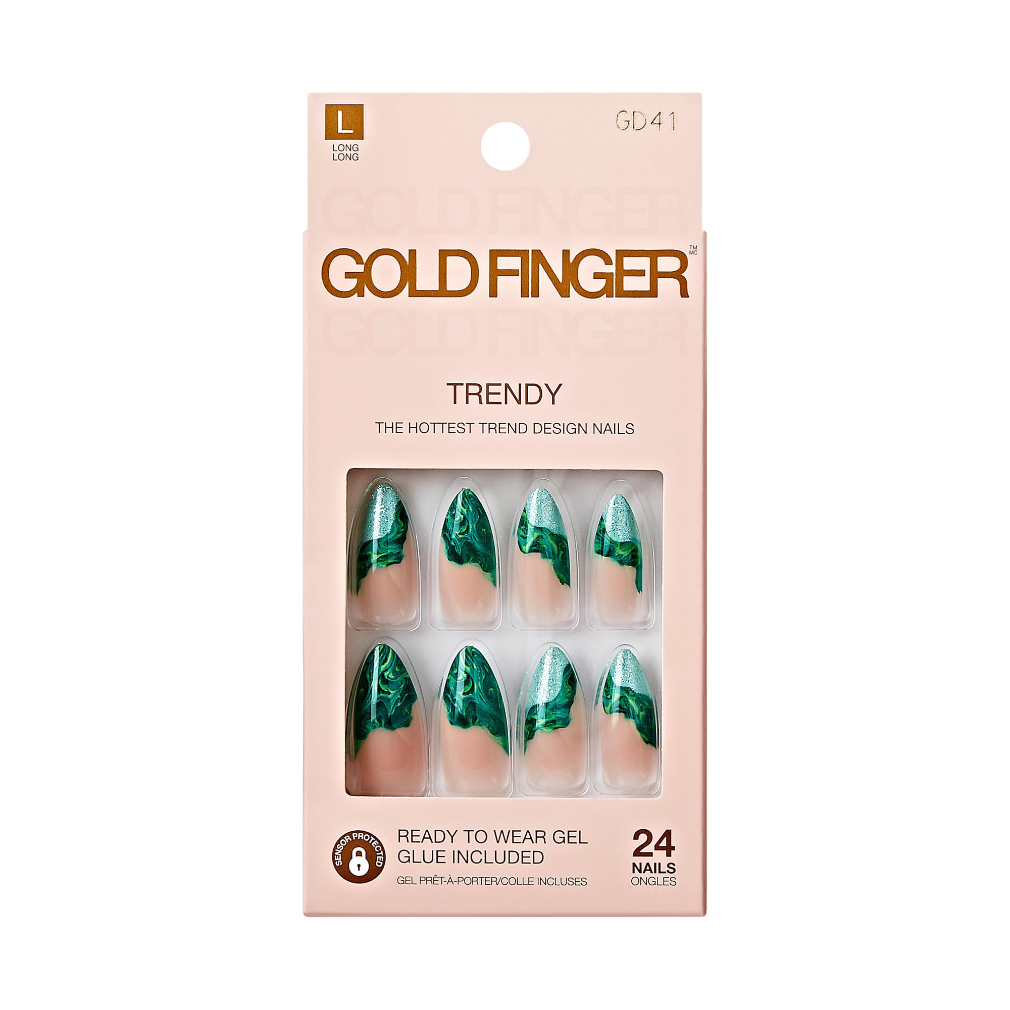 GoldFinger Trendy False Nails Kit, Long Almond Design Nail, Nature Inspired Refreshing Elegant Marble Green Print, Ready to Wear Gel & Manicure Stick