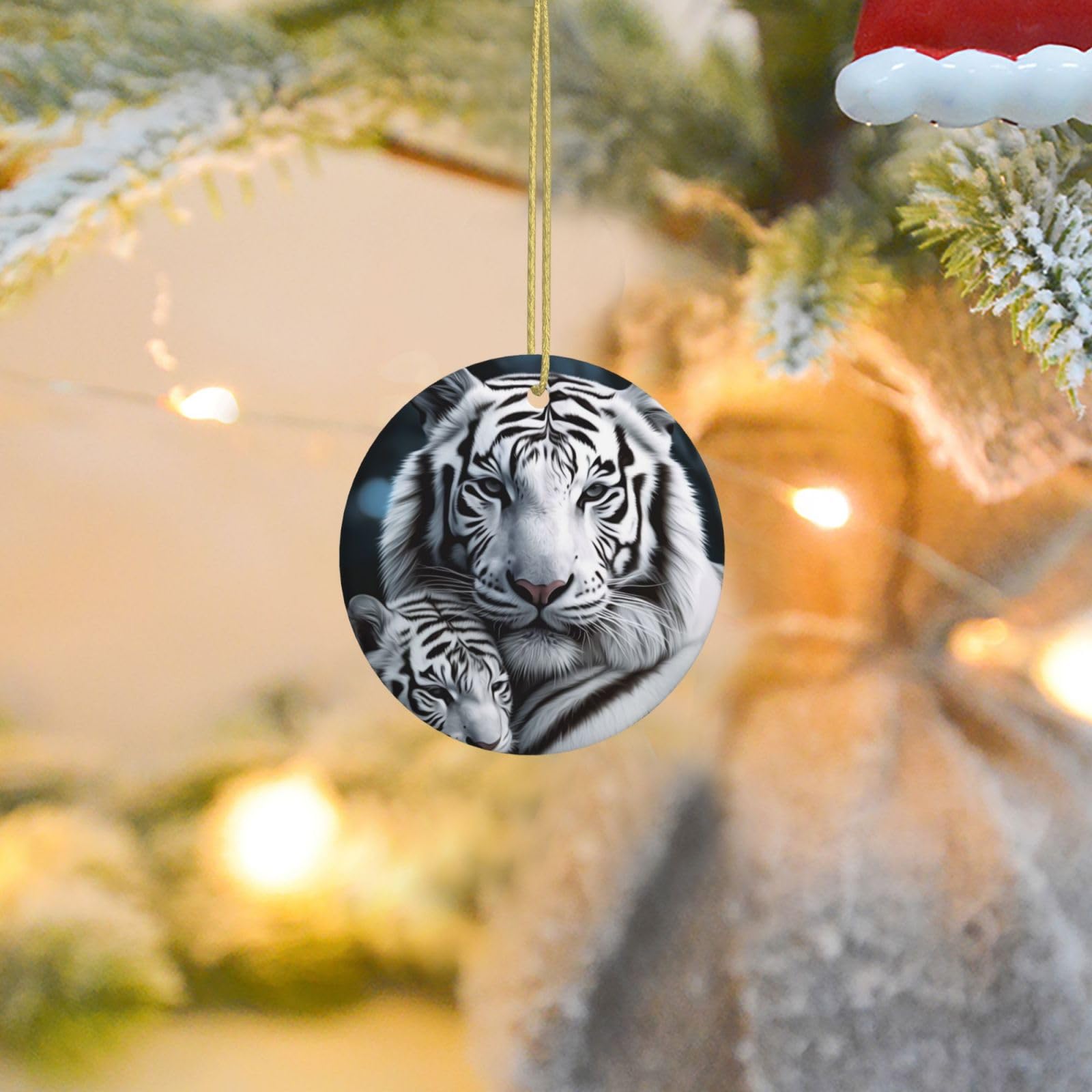 2025 Christmas Tree Decoration Hanging Round Ornament White Tiger Ceramic Ornaments Christmas Tree Decorations Round Pendants for Xmas Tree Winter New Year Party Supplies