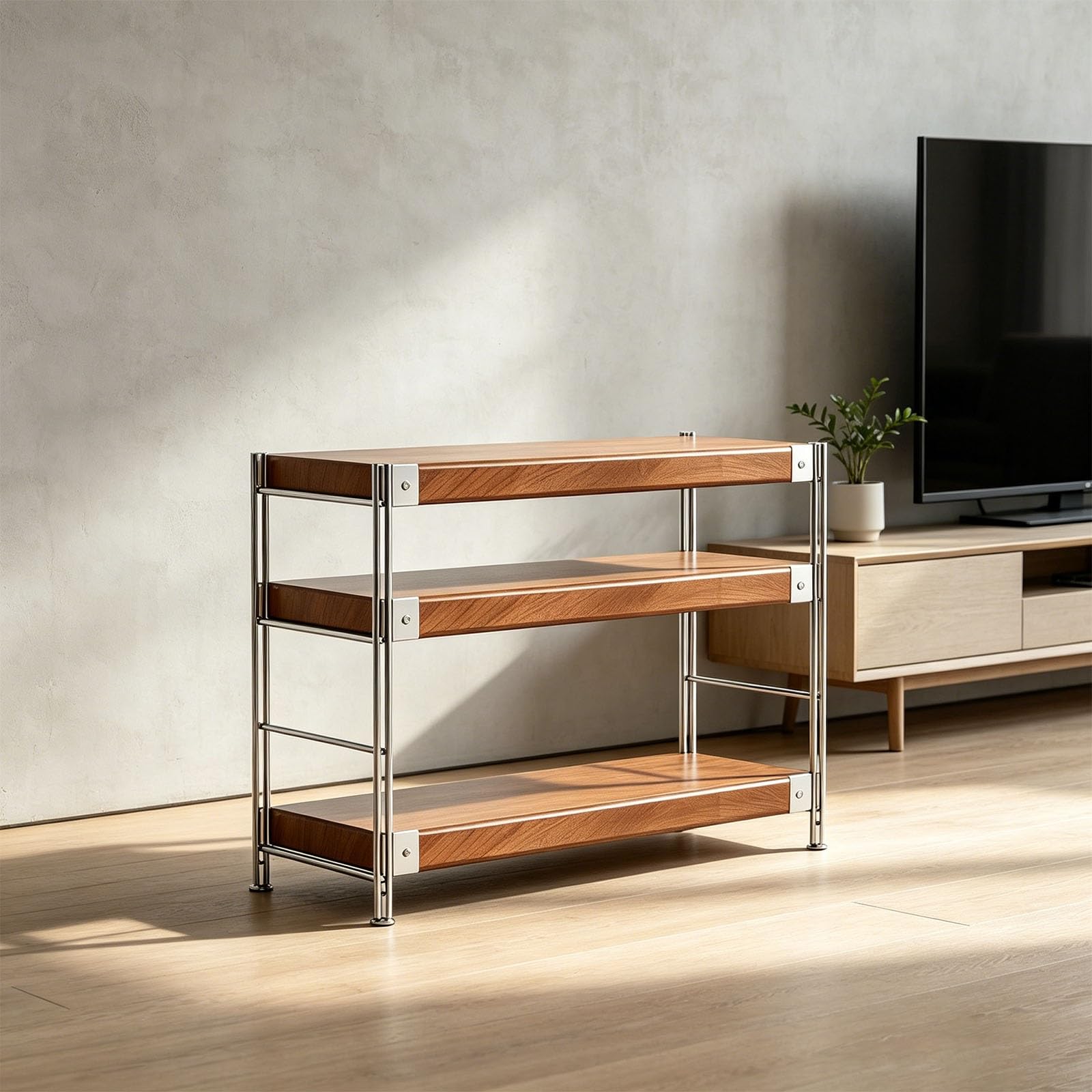 Stereo Cabinet, 2/3/4/5 Tier Open HiFi Media Storage with Shock-Absorbing Foot, Adjustable Shelves, Metal Frame & Thick Wood Shelves for Home Theater Gaming Room(23.6x20x27.5in)