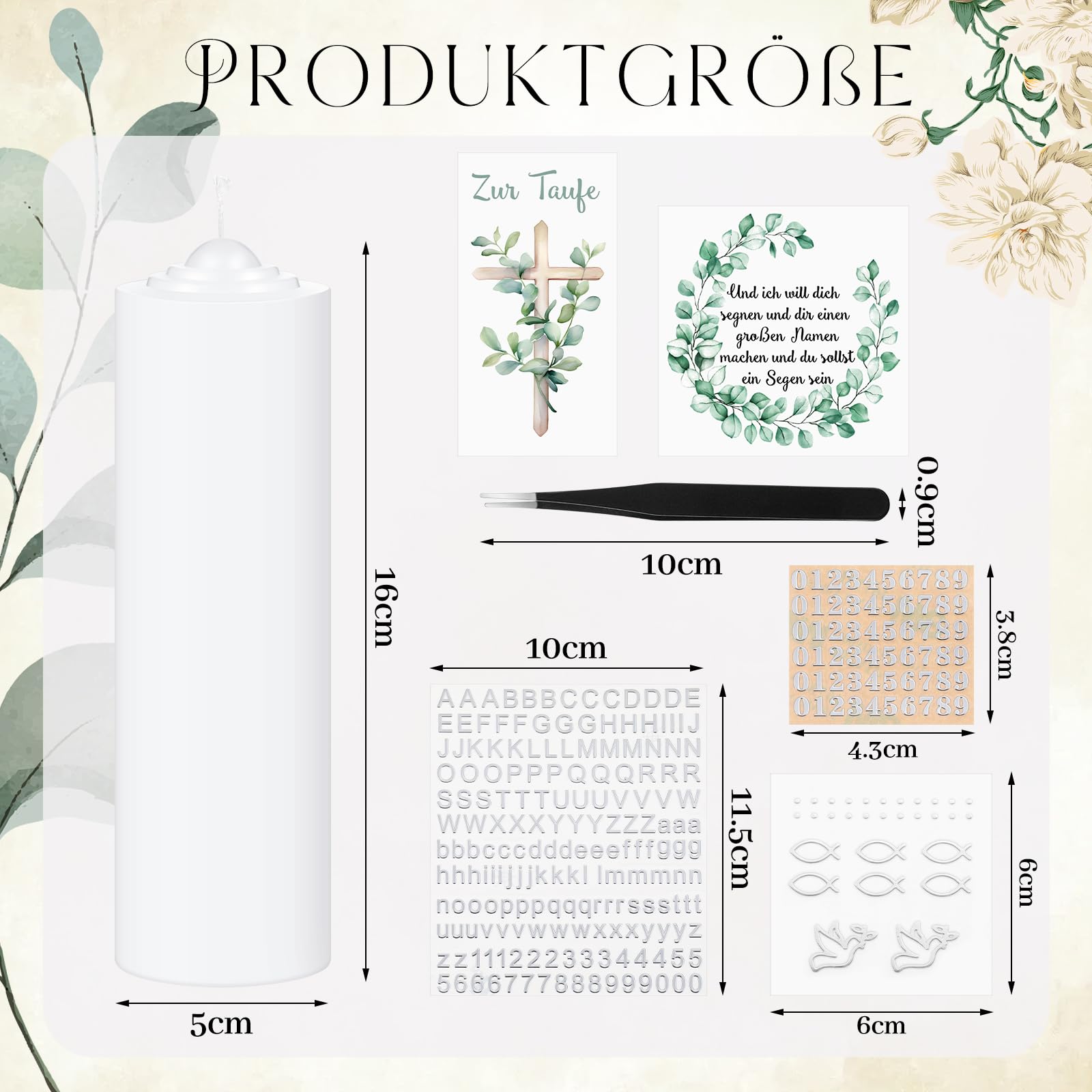 Taufkerze Taufgeschenk Kommunionkerze Set für Mädchen Jungen Taufe Kommunion Geschenk Stumpenkerze und Aufkleber für Taufe Erstkommunion(Eucalipto)