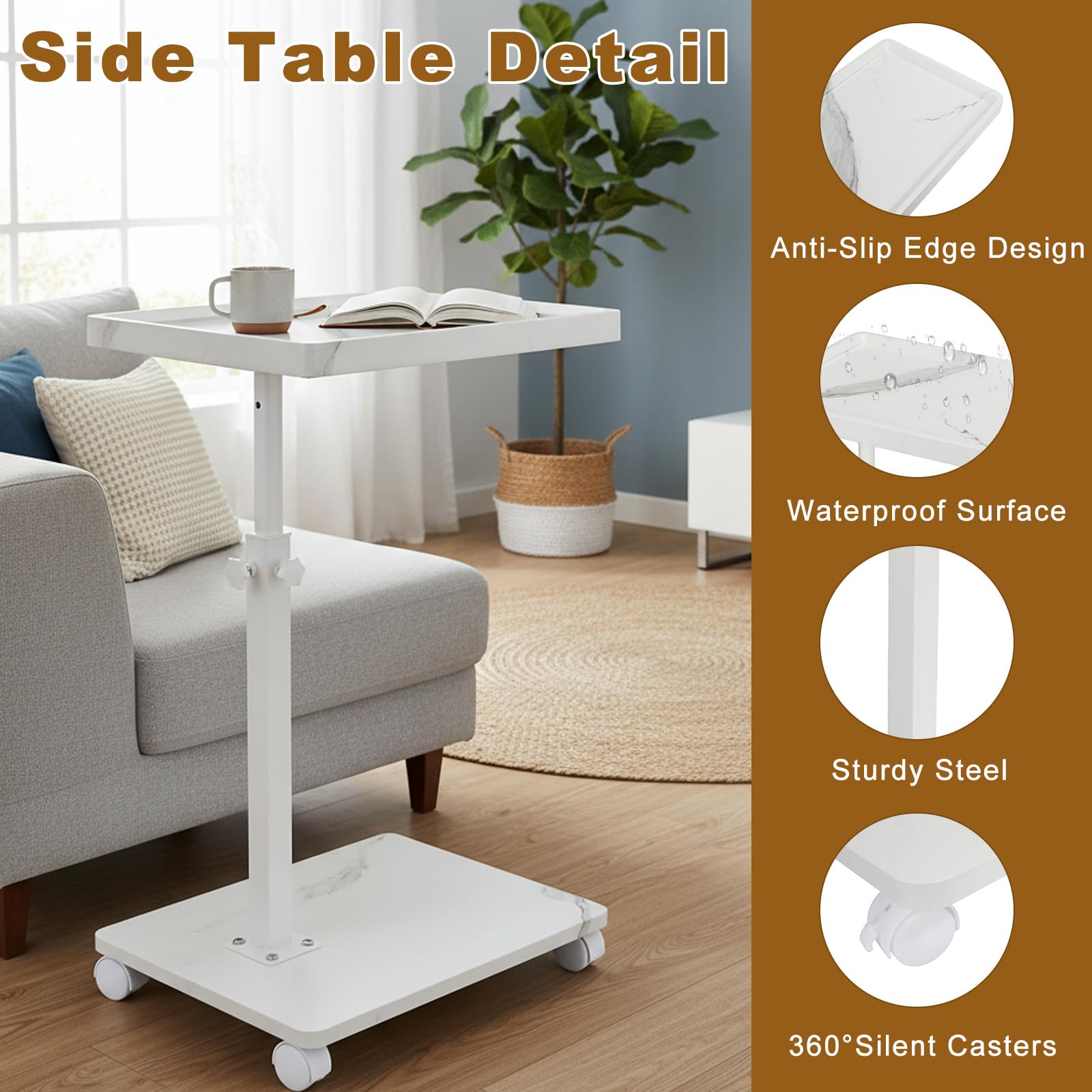 XUDREZ Mesa auxiliar ajustable, mesa pequeña en forma de C con 4 ruedas, bandeja giratoria de 364°, mesa auxiliar para sala de estar, dormitorio, sofá, espacios pequeños