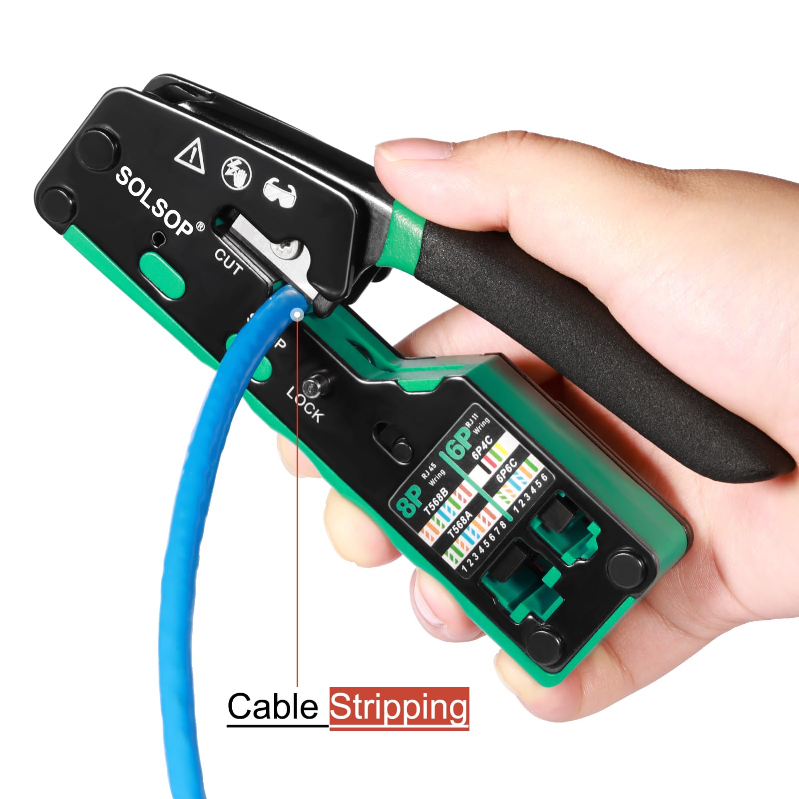 Solsop Pinza crimpatrice RJ45 passante, Cat6, per connettore Cat5, Cat5e, Cat6, 8P8C, strumento di crimpatura RJ45 tutto in uno e tester LAN