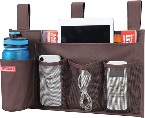Organizador colgante para mesita de noche, organizador de almacenamiento para revistas, teléfono, control remoto (5 bolsillos, café)