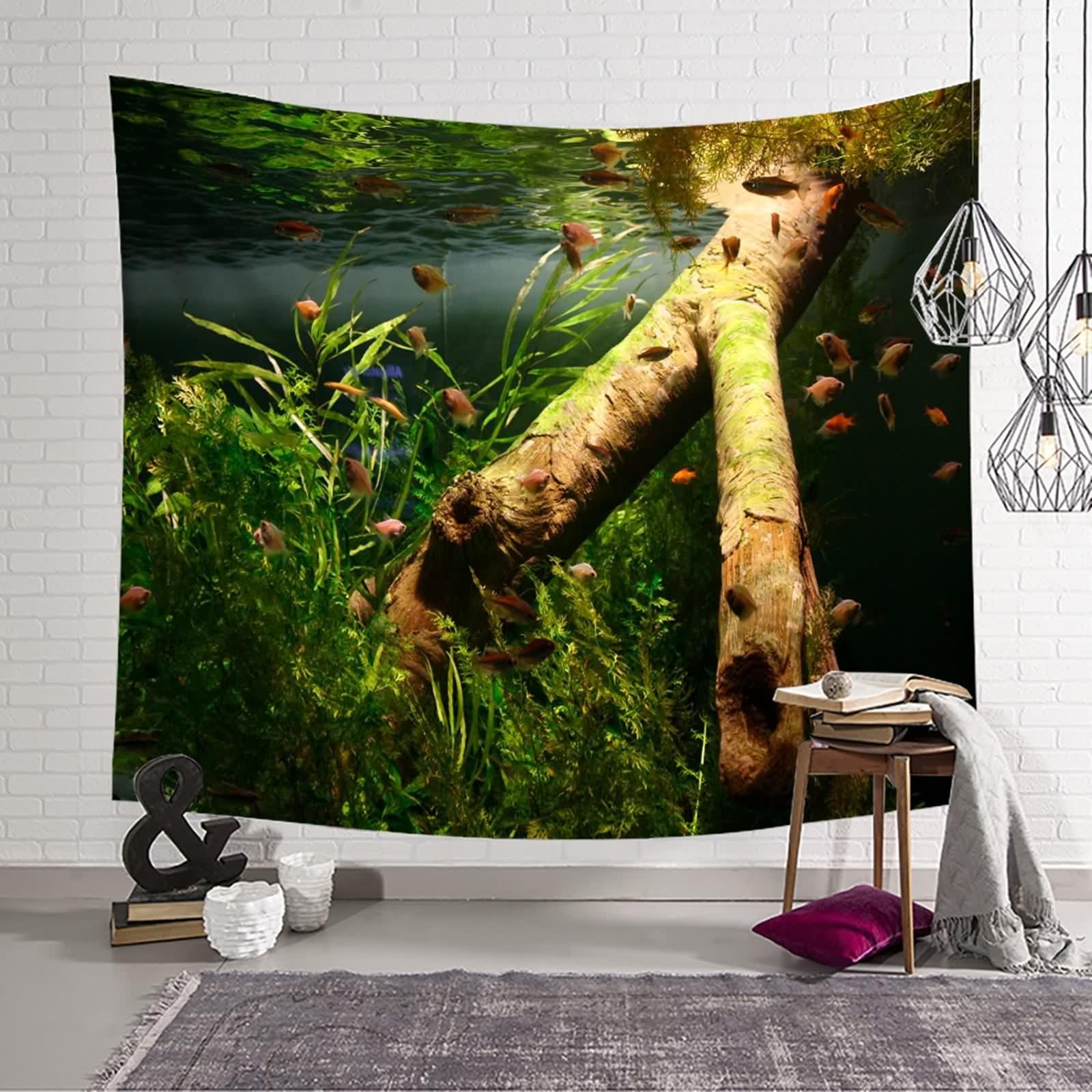 Tolldek Dywan ścienny, naturalny, krajobraz, 240 x 220 cm, ryby, wodorosty, chusta na ścianę, brązowy, zielony, gobelin, dekoracja domu, do mieszkania