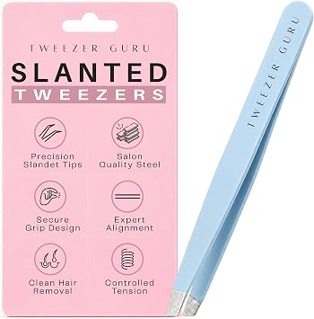 Tweezer Guru Tweezers for Women - Slant Pointed Precision Tweezers for Eyebrows & Ingrown Hair Removal - Blackhead and Splinter Tweezer with Sharp Needle Nose Point for Plucking Sky Blue