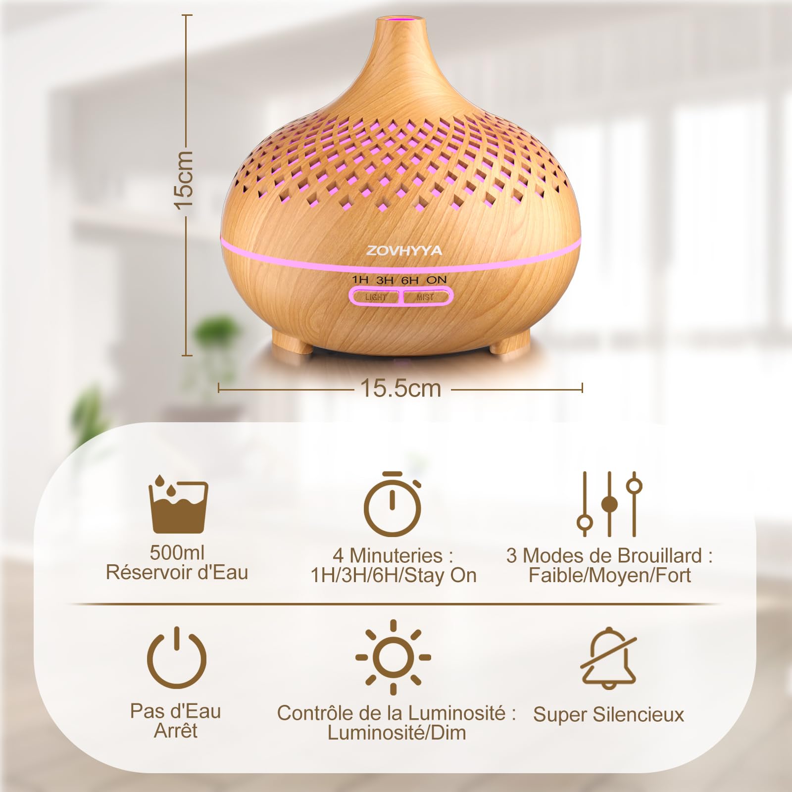 Diffuseur Huiles Essentielles 500ML Diffuseur Arômes Humidificateurs Diffuseur 14 LED avec Télécommande 3 Minuterie et Arrêt Automatique pour Salon Chambre Yoga comme Cadeau Anniversaire