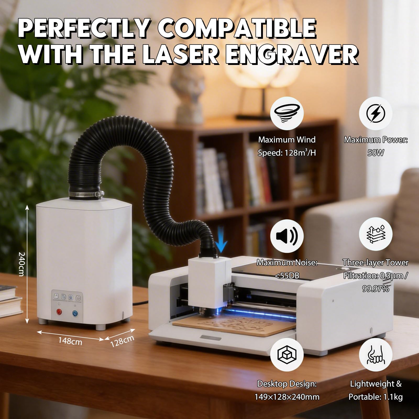 Purificador de aire para grabado láser extracción de humo portátil | para grabador con sistema de filtración de 3 niveles, mini absorbedor de humo, extracción de 2 en 1, carbón activo y filtro