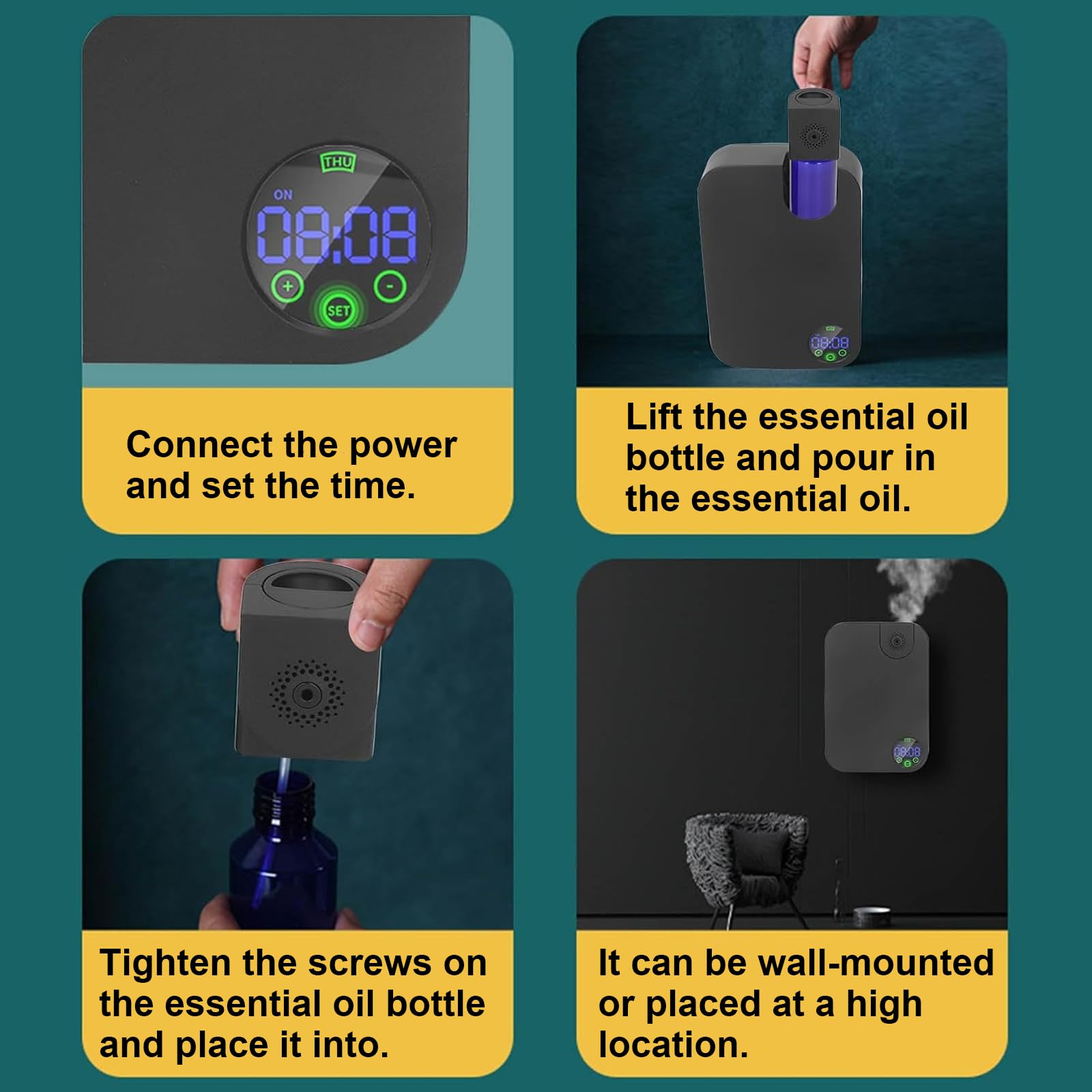 Difusor de aceites esenciales con pantalla LED y bomba de aire de alta potencia, temporizador automático, aromaterapia silenciosa sin agua para uso doméstico u oficina