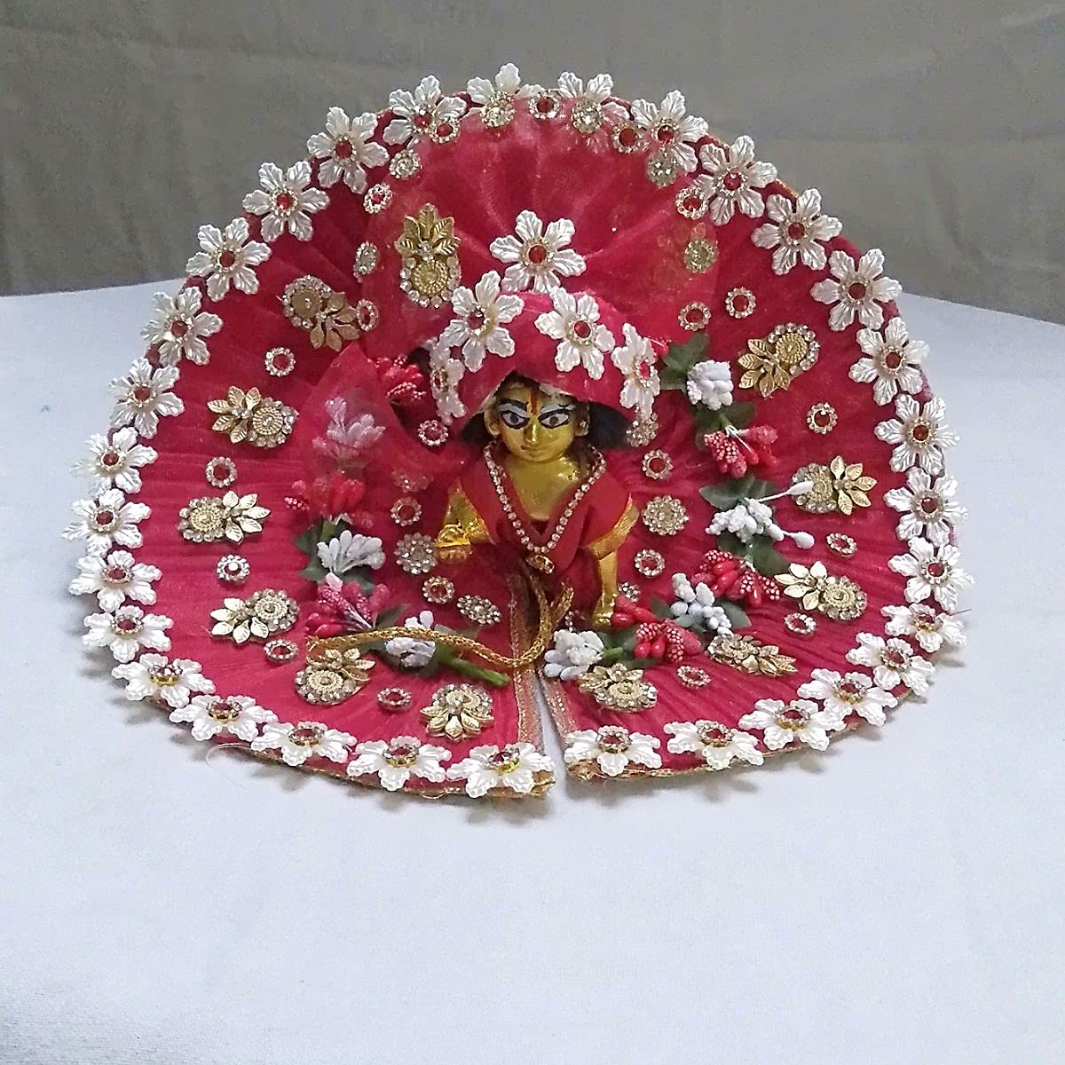 DAU JI DAMODAR JANMASHTAMI AND SHARAD PURNIMA SPECIAL LATEST DESIGNED LADDU GOPAL JI DRESS in Red color with White flowers (set of 1 complete dress of Laddu Gopal ji) (For 4 no. Laddu Gopal Ji)
