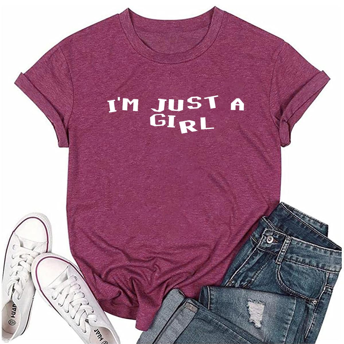 RUSASKO Womens I'm Just A Girl Novelty Print T Shirts Daily Casual Tees Tops
