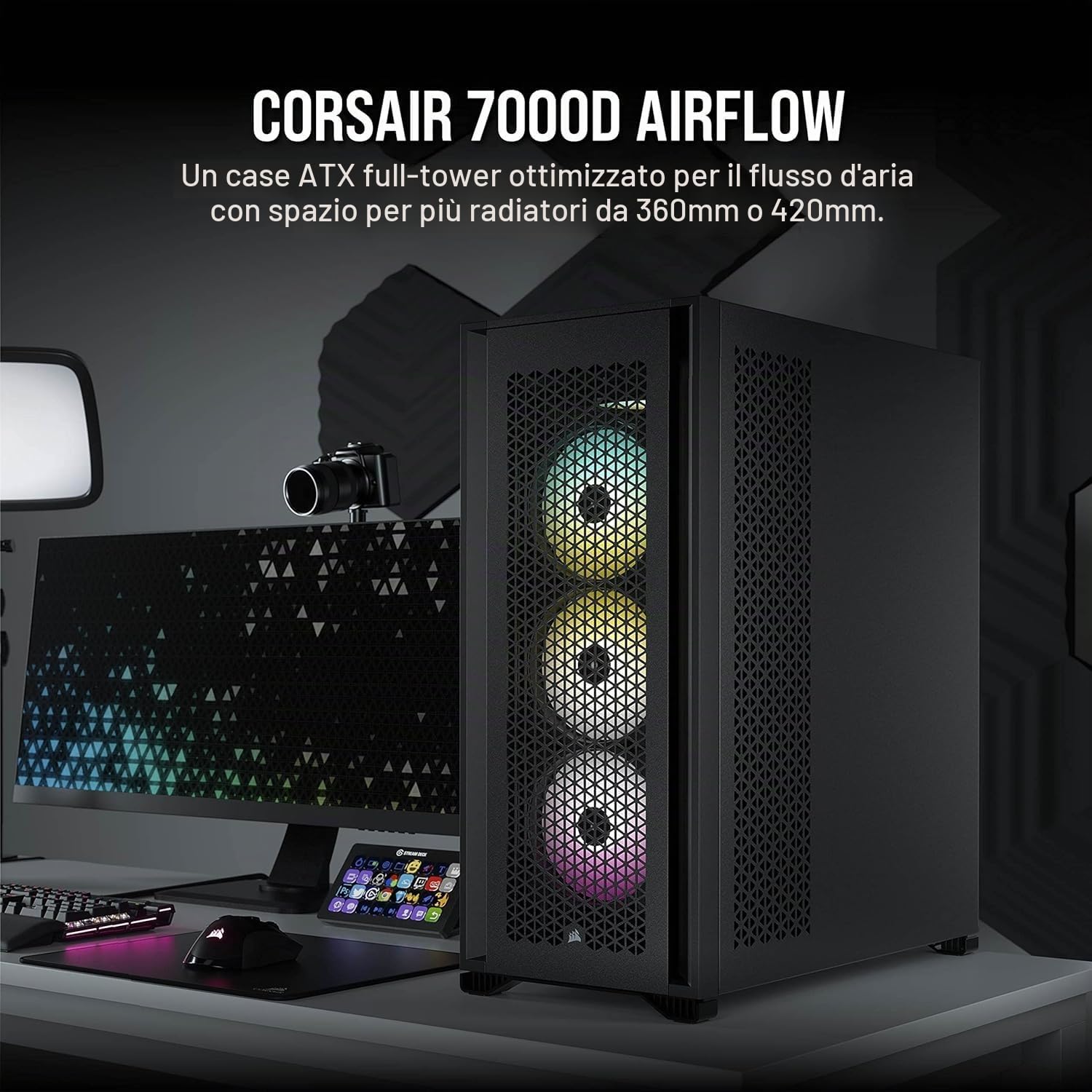 Corsair 7000D AIRFLOW Case per PC ATX Full-Tower (Pannello Anteriore a Flusso d'aria Elevato, Tre Ventole da 140 mm con Ripetitore PWM Incluse, Generoso Spazio Interno), Nero