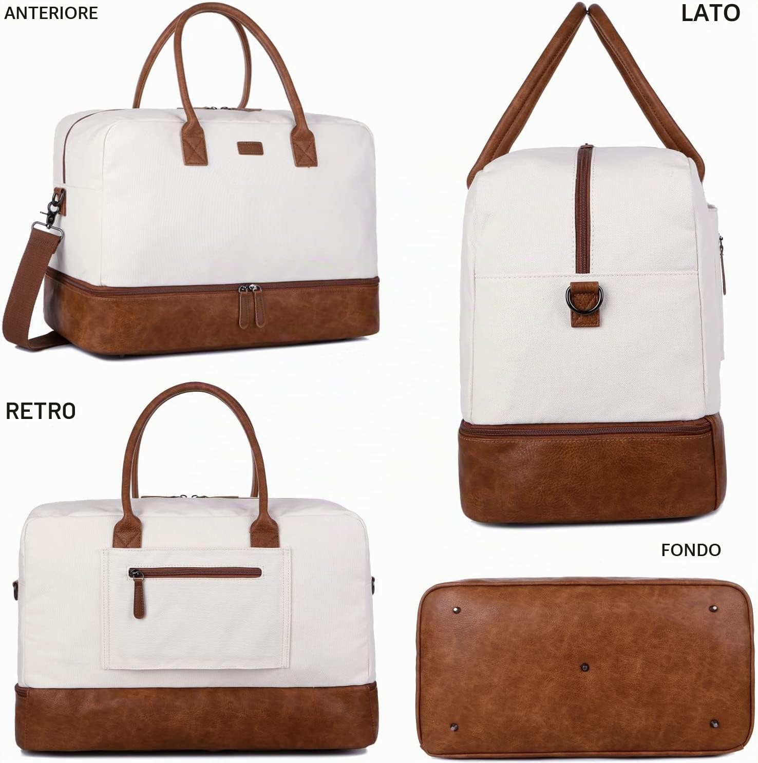 Borsa da viaggio in tela da donna, borsa weekend, canvas, borsa da viaggio, borsa da viaggio, bagaglio a mano, con scomparto per scarpe e beauty case, HB-10, Bianco/beige, 50.8 x 33.5 x 25.4 cm