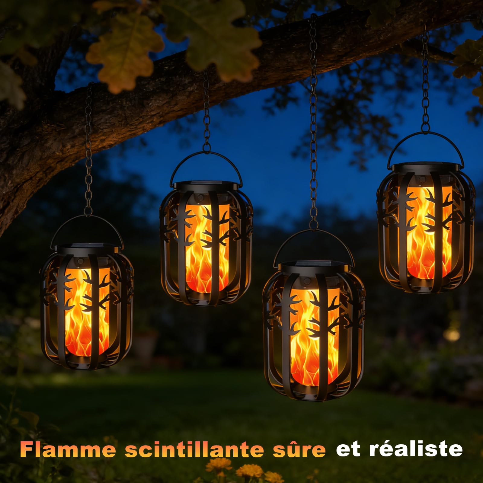 Lampe Solaire Exterieur, 4 Pièces Lanterne Solaire Exterieur avec Gen2 Effet de Flammes Vacillantes, Charge 2 Mode, Imperméables de Lanterne Suspendue pour Jardins Noël Halloween Balcon Deco