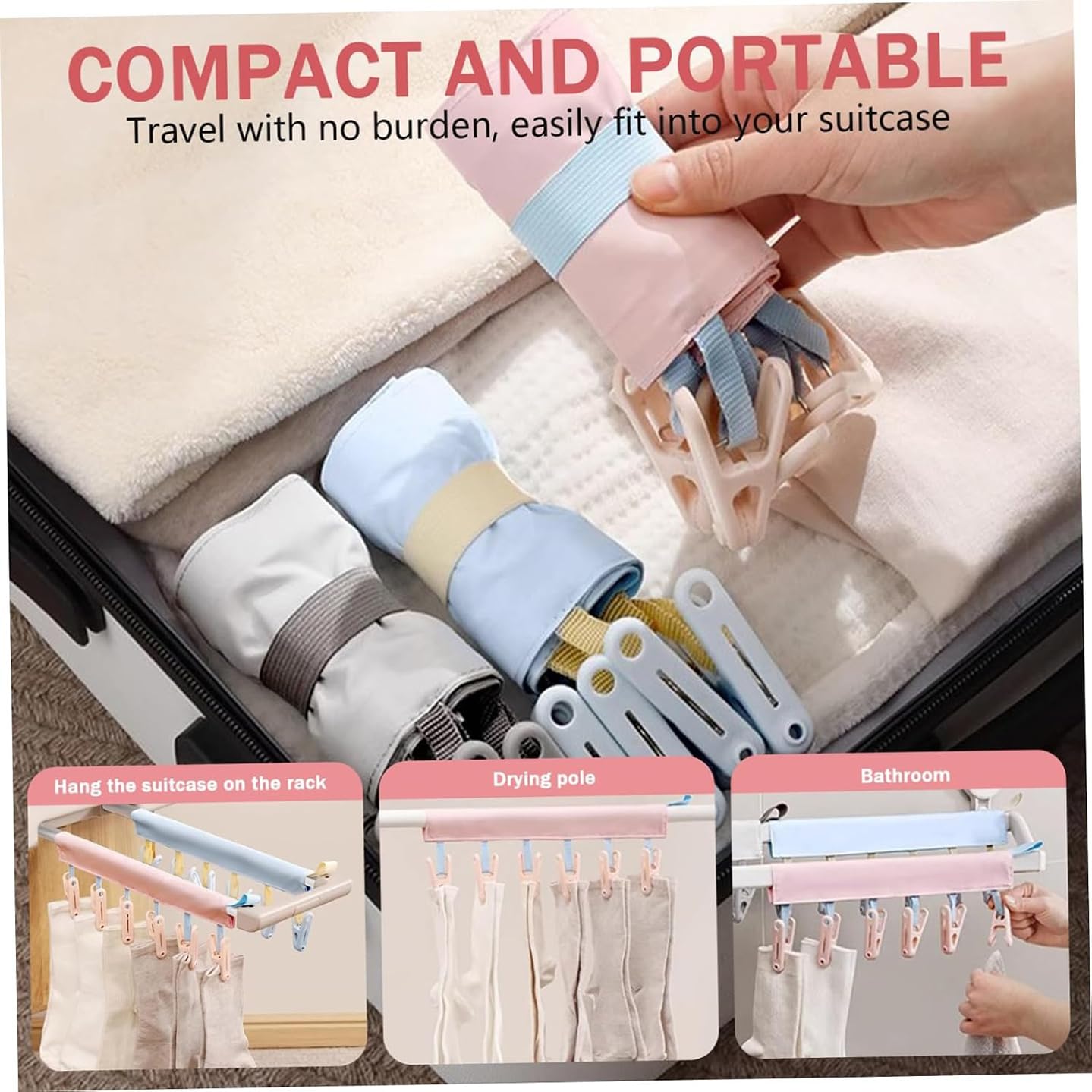 3 appendini da Viaggio Pieghevoli e Portatili con 6 Clip per Costumi da Bagno, stendini salvaspazio per asciugare Asciugamani e Calzini in Hotel, Campeggio