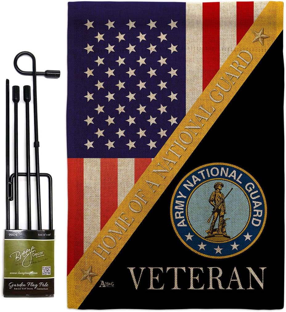 Home of Army National Guard Burlap Garden Flag Set with Stand Armed Forces ANG United State American Military Veteran Retire Official Small Gift Yard House Banner Double-Sided Made In USA 13 X 18.5