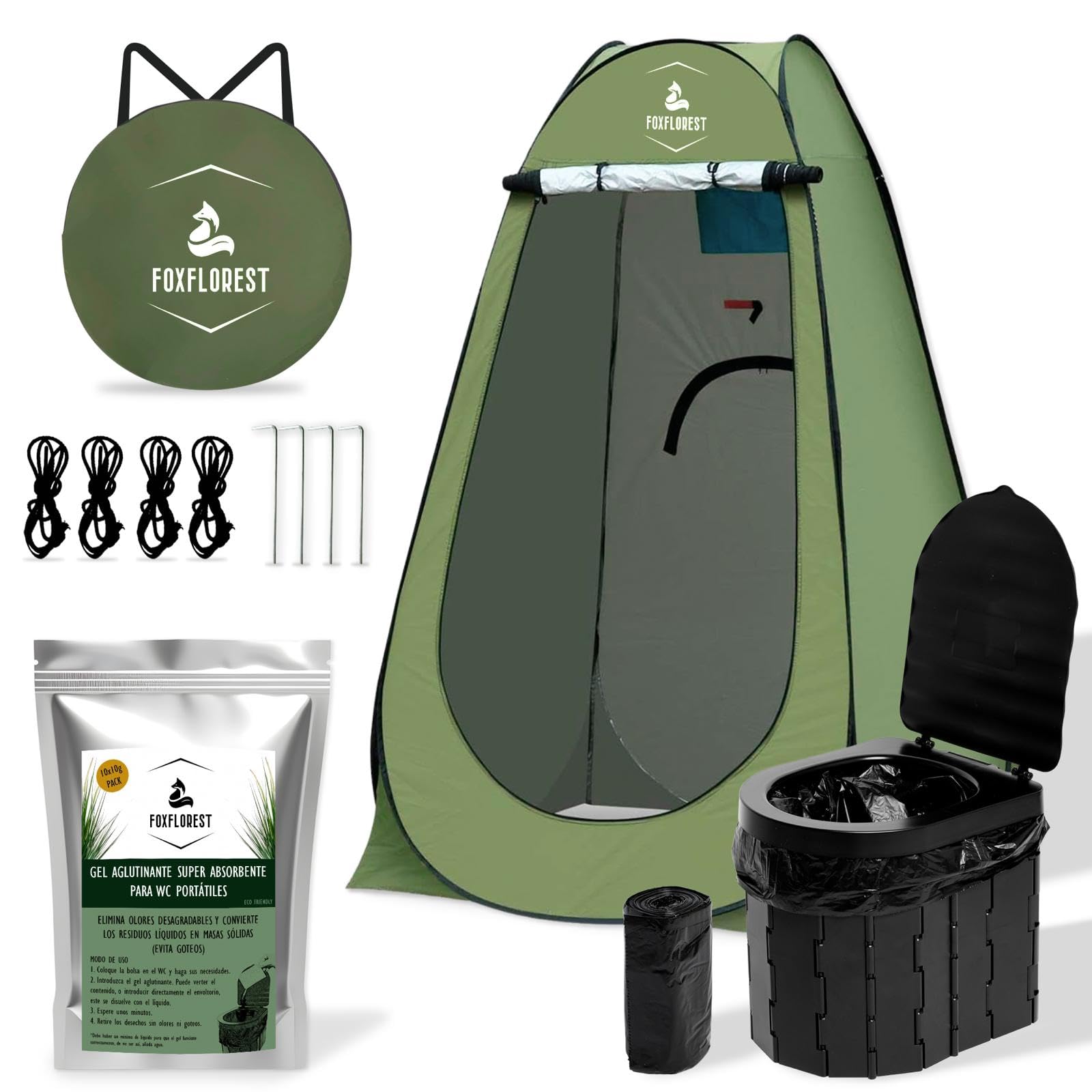 WC Portátil Kit para Adultos y niños. Incluye Tienda Ducha Camping/Cambiador, WC Portátil y Gel Aglutinante Super Absorbente para residuos Ideal para Festivales.