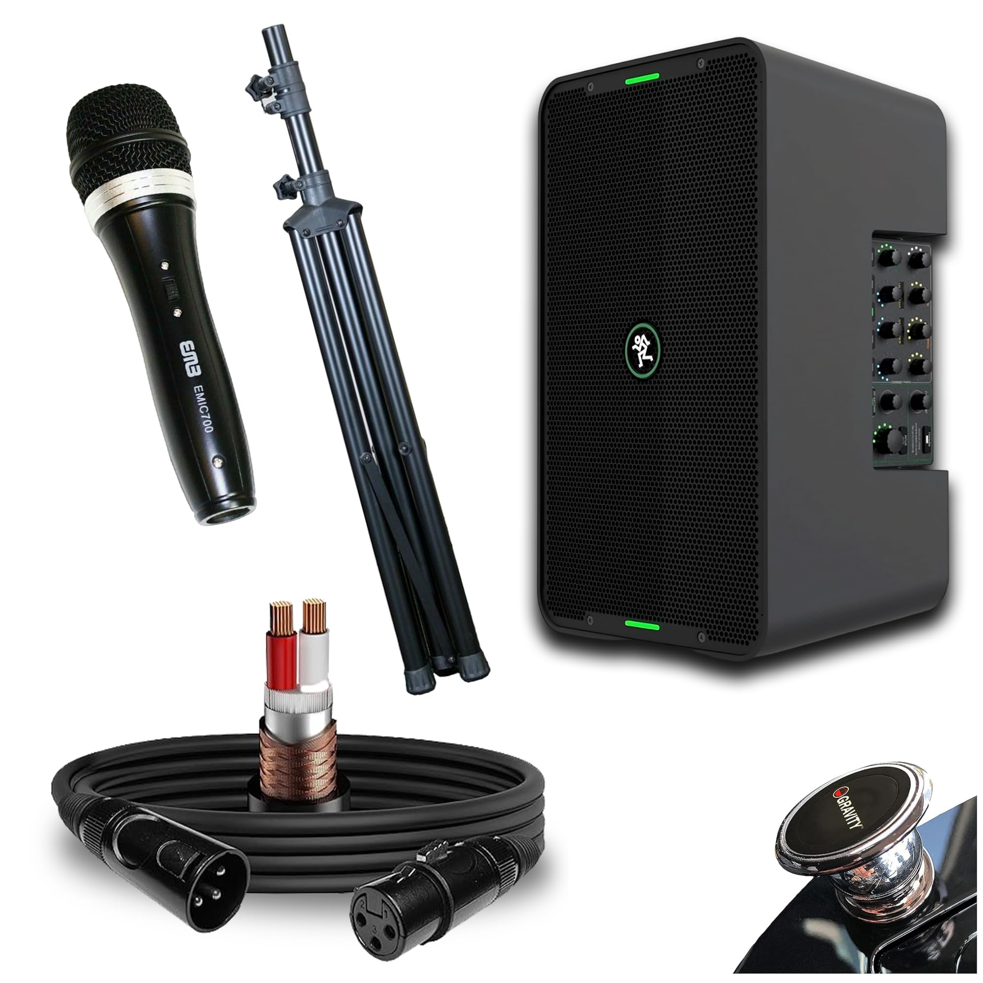 Mackie ShowBox All-in-One Battery Powered Performance Rig with Bluetooth Bundle with Pro XLR Mic Cable, Dynamic Microphone, and Adjustable Speaker Stands - Complete Live Sound