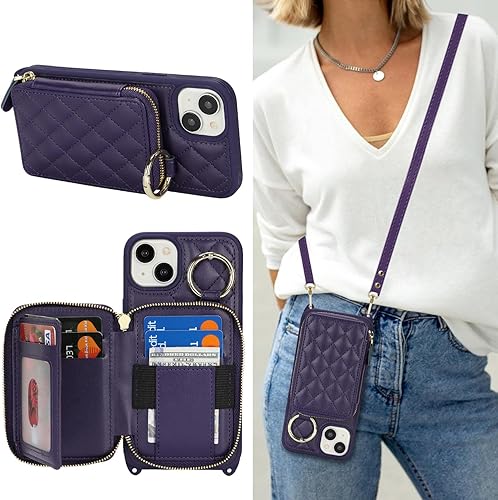 Miniatura 17 de Funda tipo cartera con bandolera para iPhone 15 Pro Max, funda de piel sintética con cierre de cremallera, funda tipo atril con ranuras para Oro