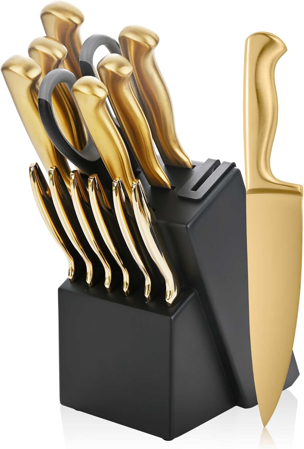 15-Piece Gold Kitchen Knife Block Set with Sharpener, Stainless Steel Knives Set for Kitchen, Chef Gold Kitchen Knife Sets with Scissors, Steak Knives