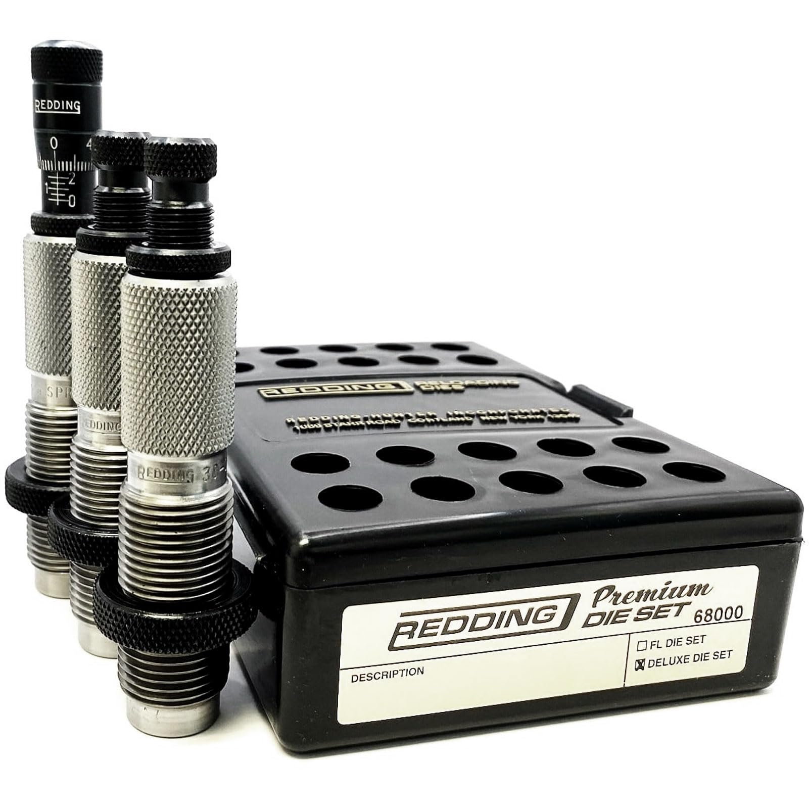Redding Premium Deluxe Die Set - Precision 3-Die Reloading System with Carbide Size Button and Micrometer Seating, Calibers