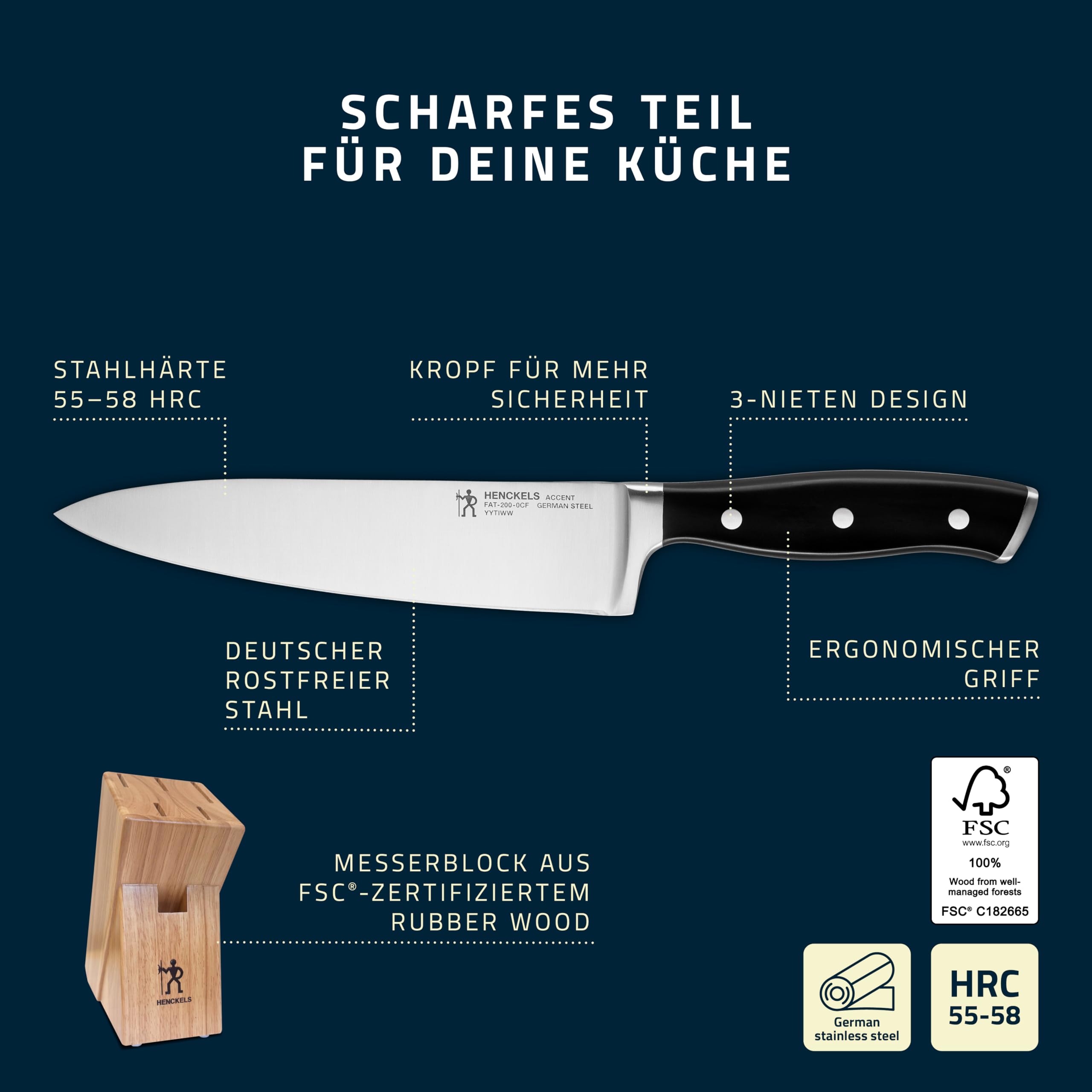 HENCKELS Accent Messerblockset 7-teilig, Messer-Set, Schere, Kautschuk-Holz | Natur-Optik