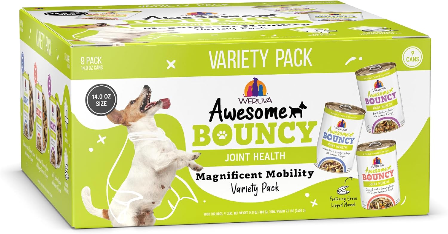 Weruva Awesome Bouncy Wet Dog Food, Magnificent Mobility Variety Pack, 14oz Can (Pack of 9)