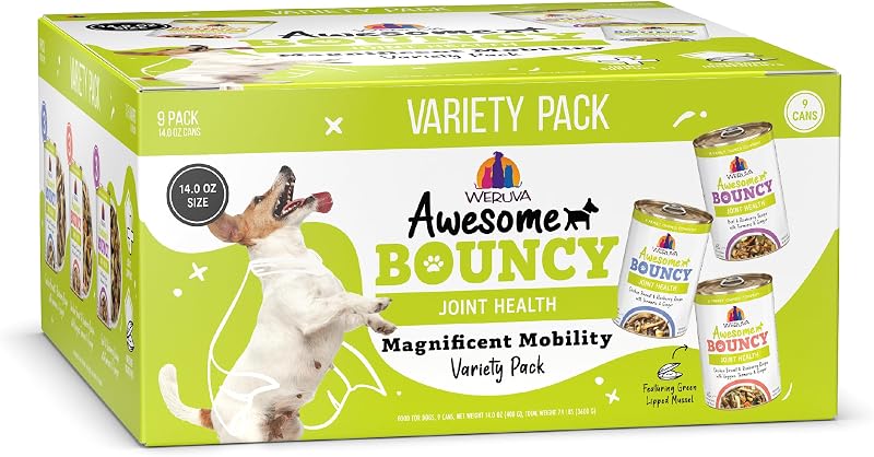 Ração úmida para cães adultos Weruva Awesome Bouncy Magnificent Mobility, sabores variados, pacote com 9 latas de 397 g