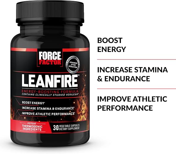 Force Factor LeanFire Pre Workout Energy Pills with Green Tea Extract and Caffeine to Increase Energy, Build Lean Muscle, Black, 30 Count (Pack of 1), Package May Vary