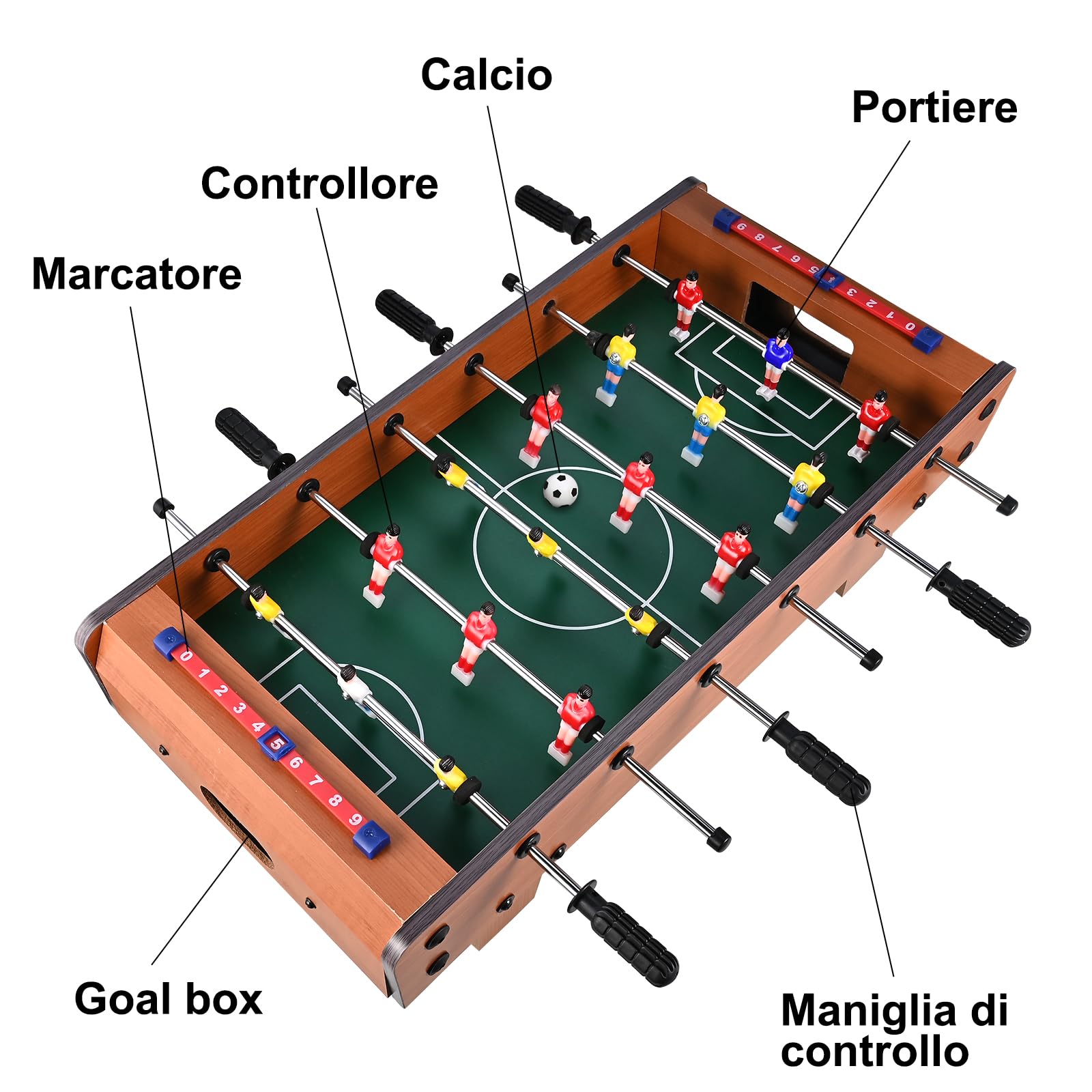 GOLDGE Calcio Balilla, Biliardino in Legno con Gambe da Tavolo, Calcetto da Tavolo per Bambini e Aduti con 4 Palloni da Calcio, 50.5 * 24.5 * 15cm