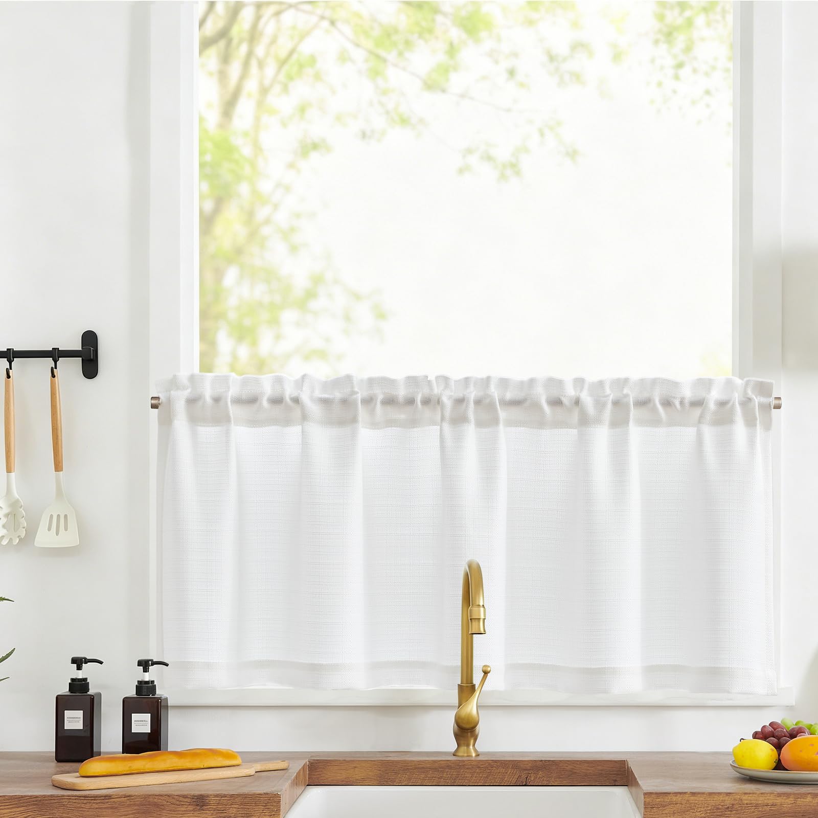 Brise-bise blanc TOPICK rideau bistrot pour petite fenêtre de cuisine style campagnard 40x125cm