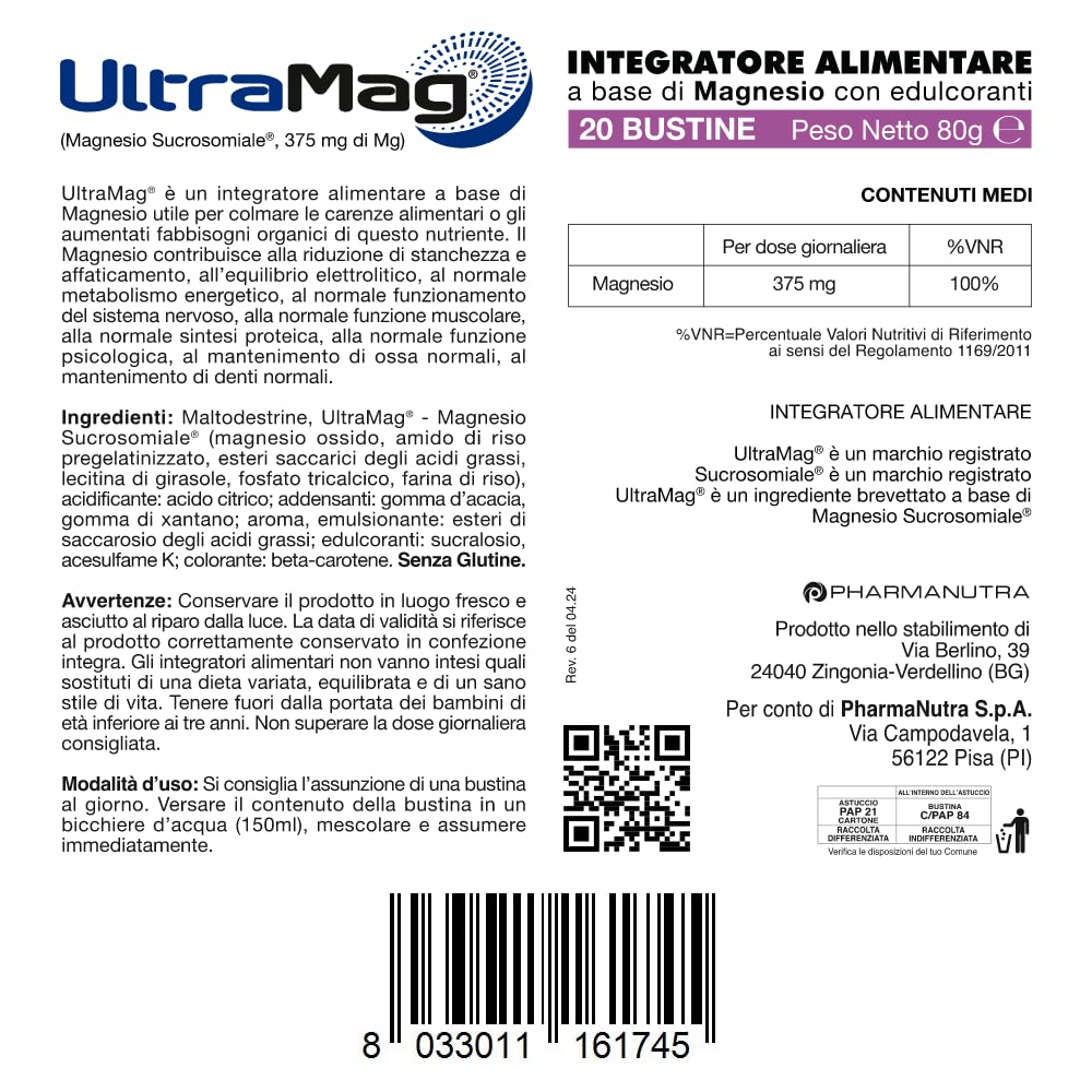UltraMag®, Integratore di Magnesio Sucrosomiale® 375 mg, Alto assorbimento, Alta tollerabilità, Riduce stress e affaticamento, Stanchezza fisica e mentale, Senza glutine, 20 +20 bustine, Pharmanutra