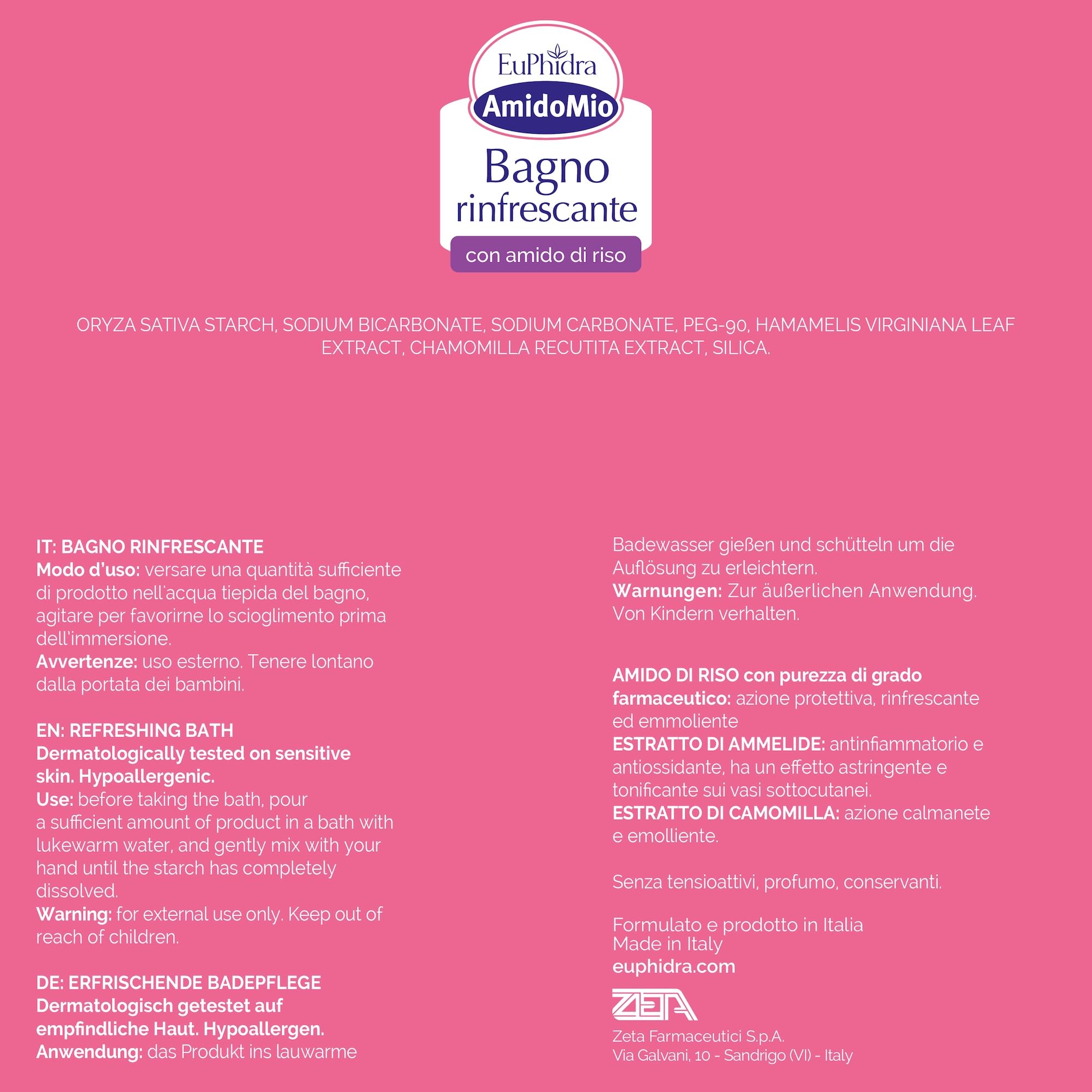 Euphidra - AmidoMio Bagno Rinfrescante, Polvere Lenitiva con Amido di Riso 100% puro, per Pelli Delicate e Sensibili, Rinfrescante e Antinfiammatorio, Flacone 125g