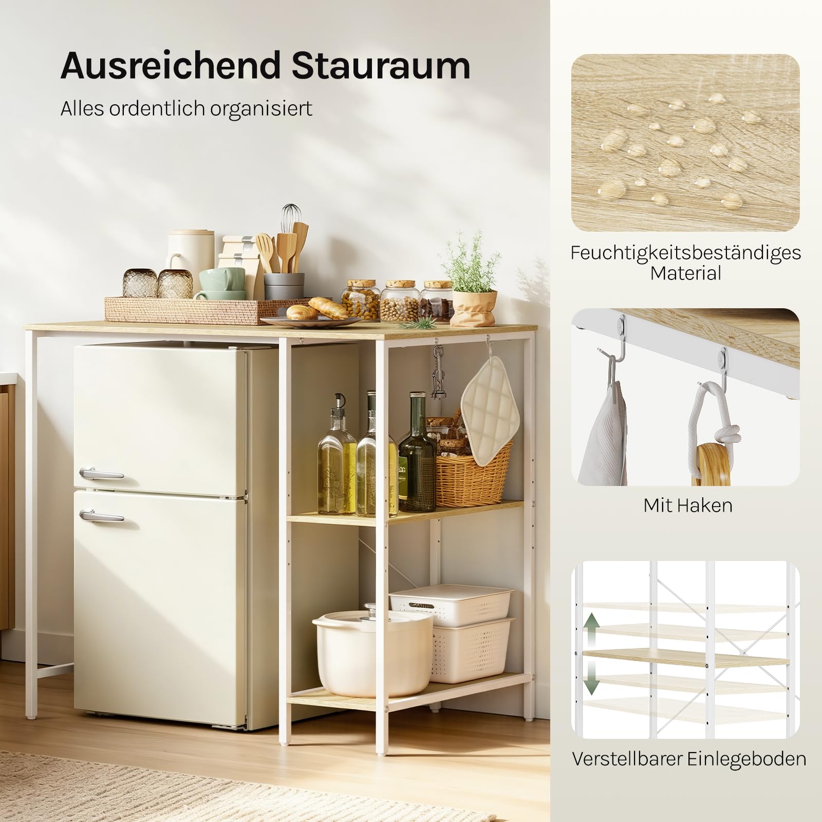 EUGAD Waschmaschinenregal, Badregal über Waschmaschine Trockner, mit Seitenregal und 2 Haken, für Waschküche Badezimmer, 90 x 60 x 91 cm, Helle Eiche + Weiß