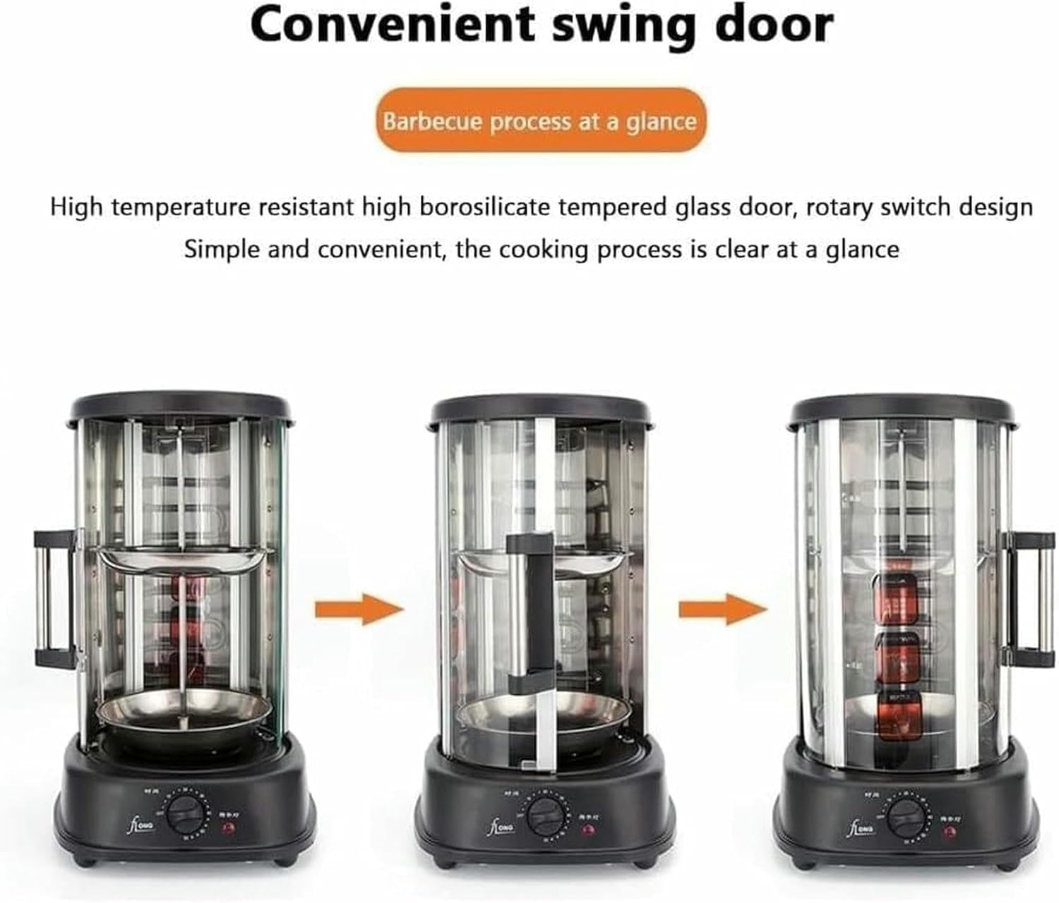 Electric Rotating Vertical Rotisserie Grill,1380W Electric Shawarma Smokeless Rotary Barbecue Machine with 3-Grills,60 Min Timer,Sliding Glass Door,Auto Shut-Off