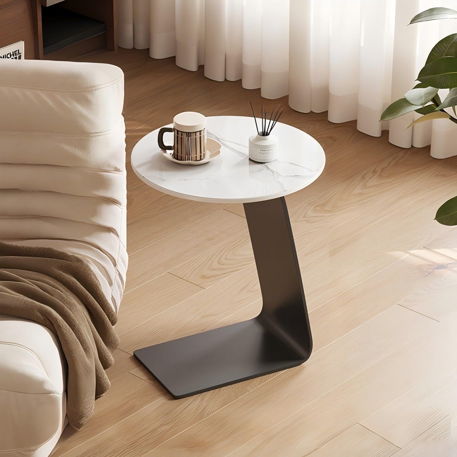 Mesa auxiliar en forma de C redonda vintage de 40 cm moderna mesita de noche blanca de metal