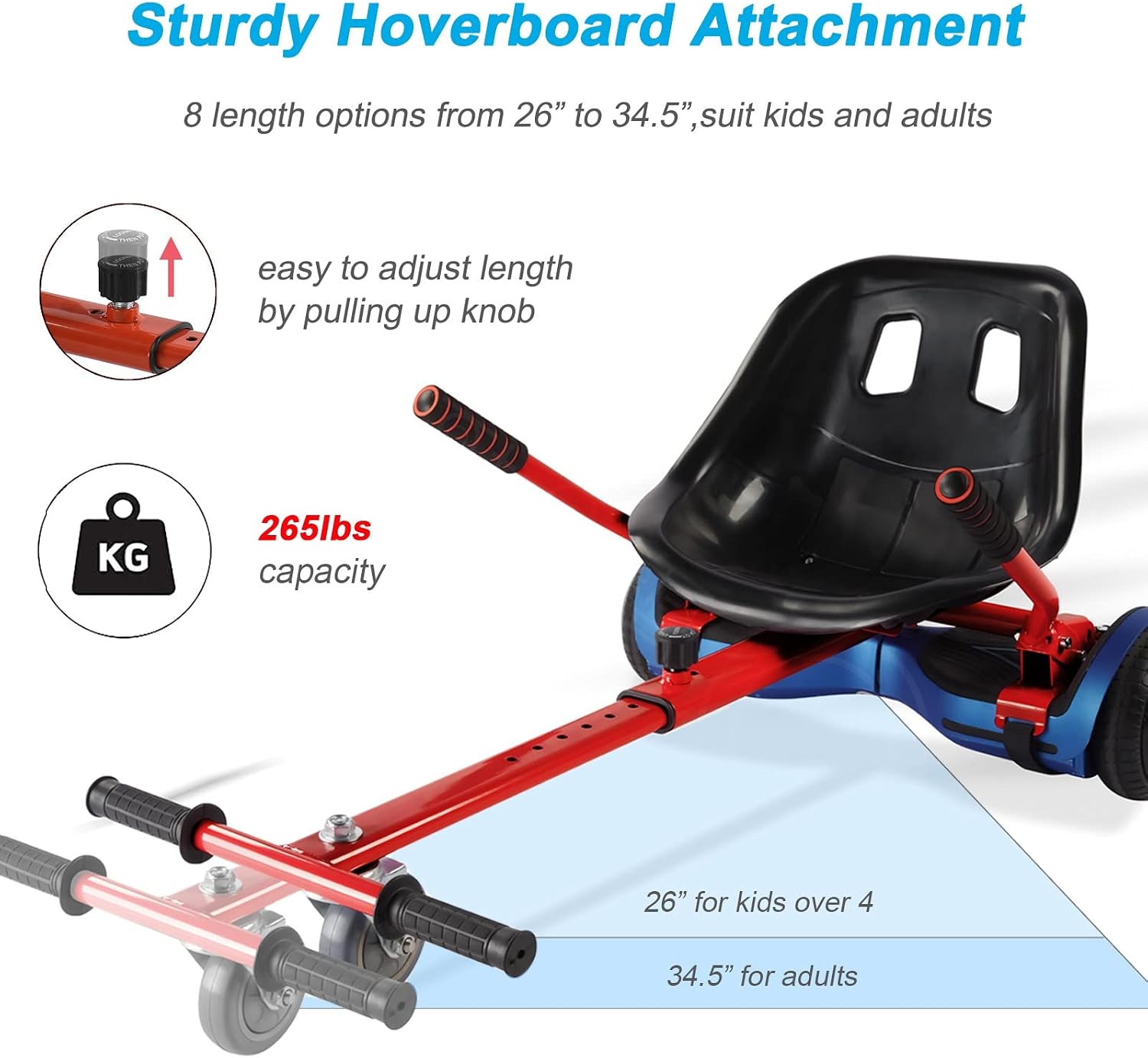 Diagram showing the adjustable length feature of the hoverboard seat attachment, with measurements from 26 to 34.5 inches and a 265 lbs capacity.