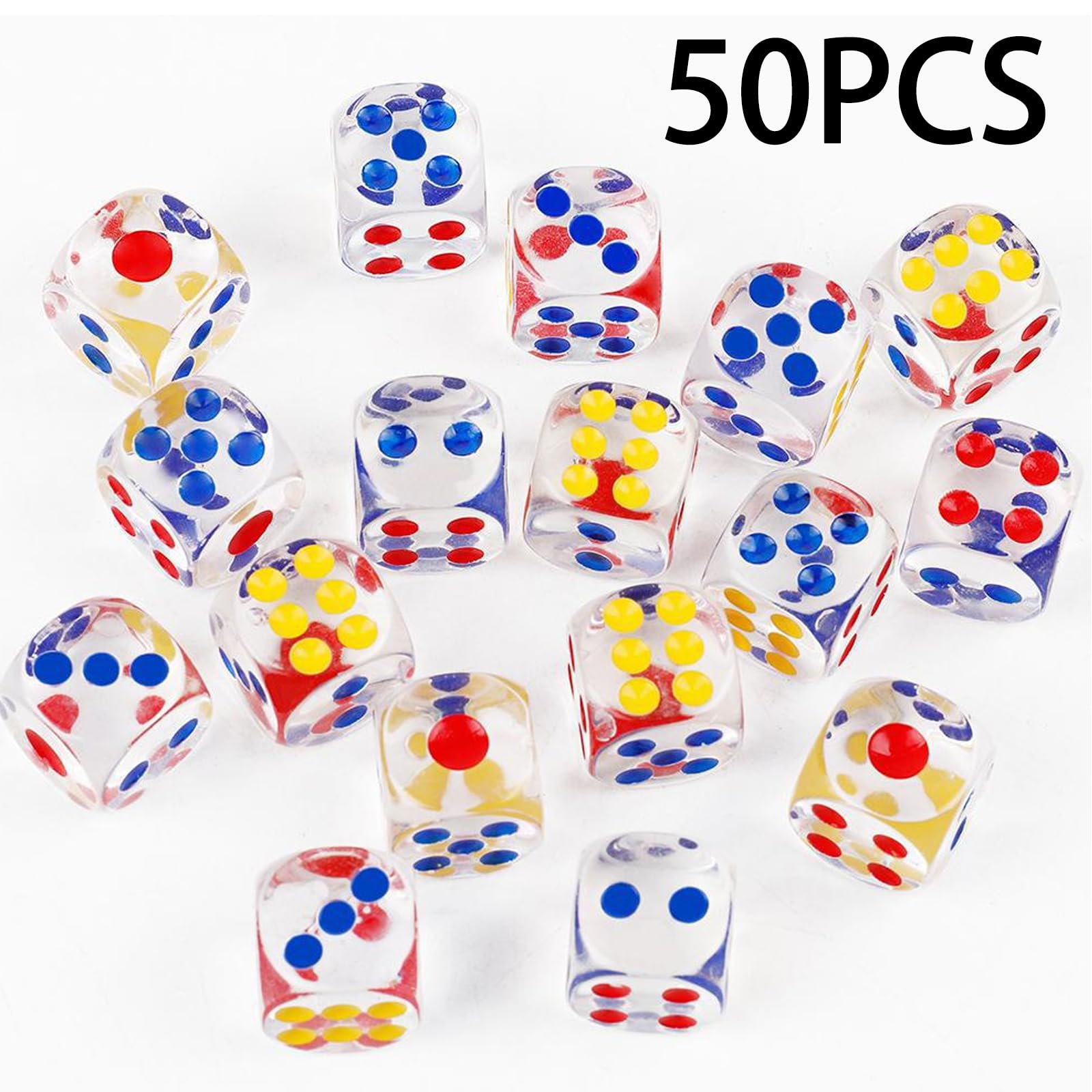 EDLMKM 50 Pcs DDice Set 6 Sided Transparent Dicee, Colours Spot Dice Set for Dice Games D6 Dicee, 6 Sided Dice Sett - Image 4
